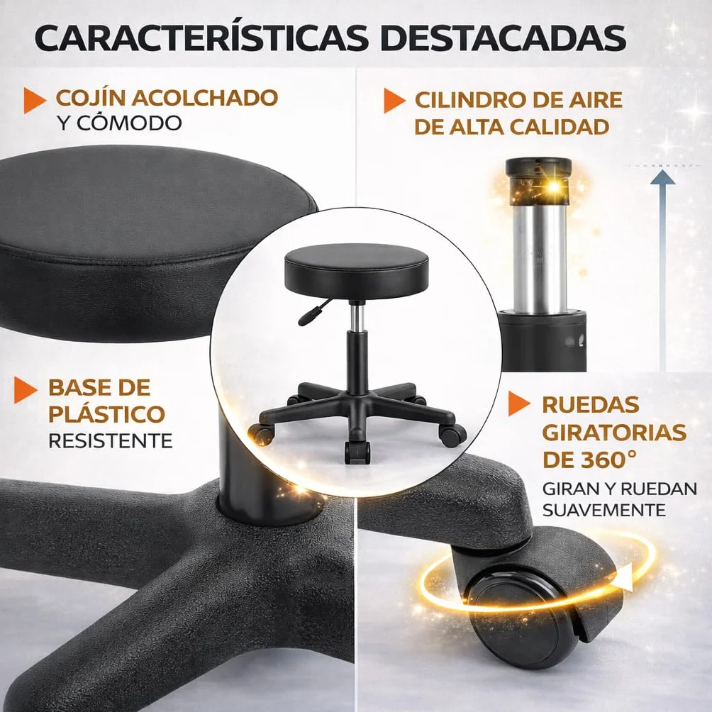 Taburete Giratorio Profesional Ajustable 45-60 cm 135 kg Giro 360° con Ruedas Asiento Acolchado