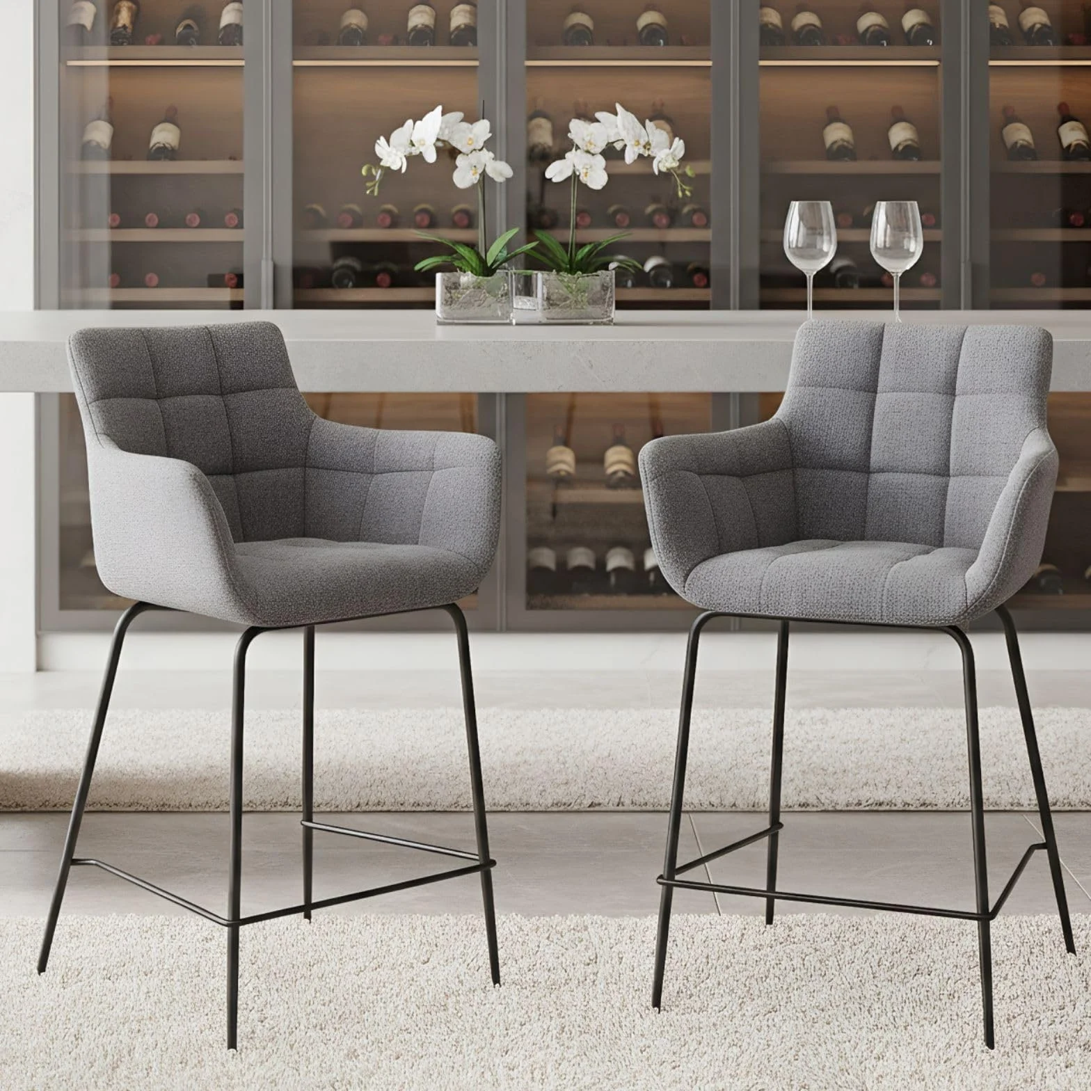 Taburetes de Bar Tapizado en Tejido de Toalla, Juego de 2, Sillas Altas Modernas con Brazos, Gris
