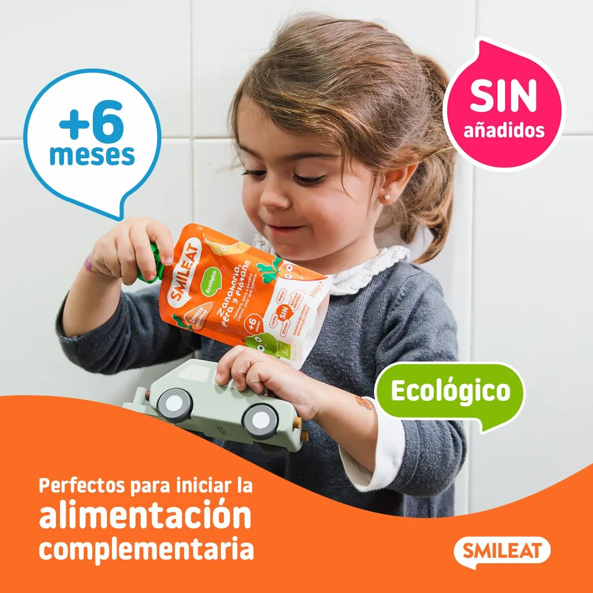 Pouch de Frutas Ecológicas Smileat - Zanahoria, Pera y Plátano - Sin Azúcar Añadido, Sin Gluten - Snack Práctico