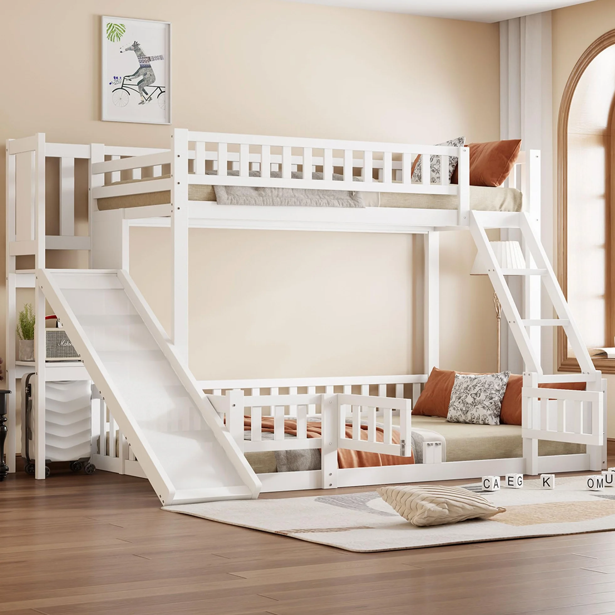 Lubvtti Litera Infantil 90/140 x 200 cm con tobogán,Cama Infantil con estantes y guías de Seguridad,Estructura Cama para niños 90/140x200 con somier de láminas,sin colchón,Blanco