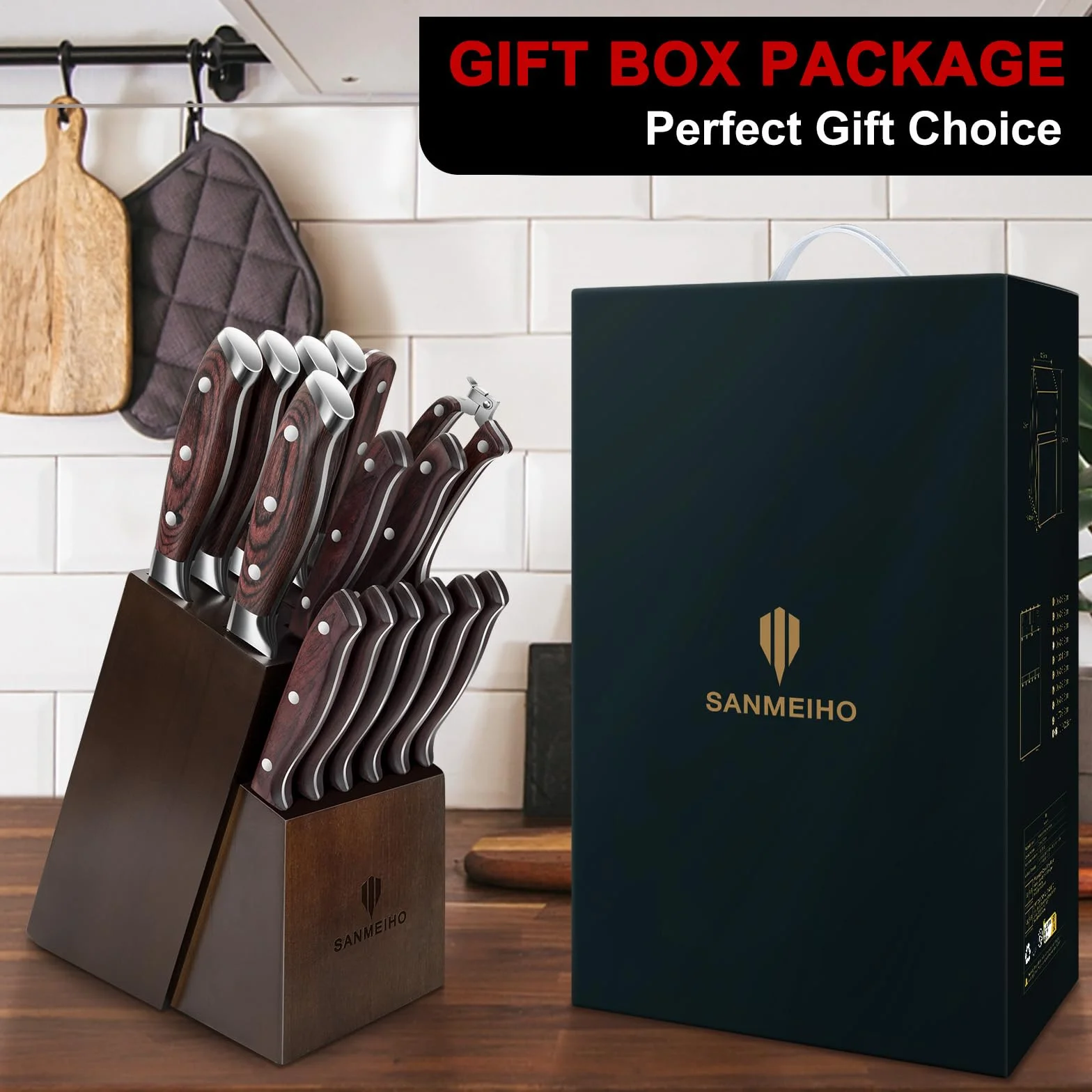 SANMEIHO Juego Cuchillos Cocina 16 Piezas, Set Profesional Acero Inoxidable Alto Carbono con Bloque Madera y Afilador