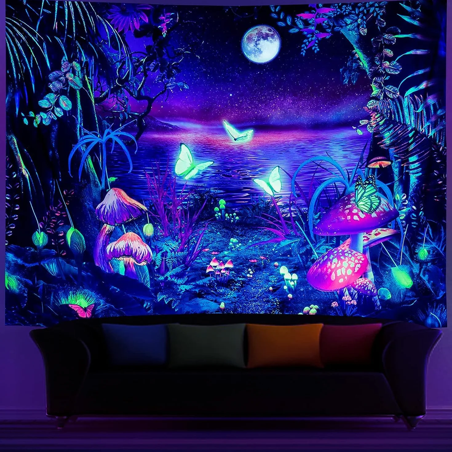 Ulticool Tapiz que Brilla en la Oscuridad Luz Negra Reactiva UV Setas Mariposas 200 x 150 cm