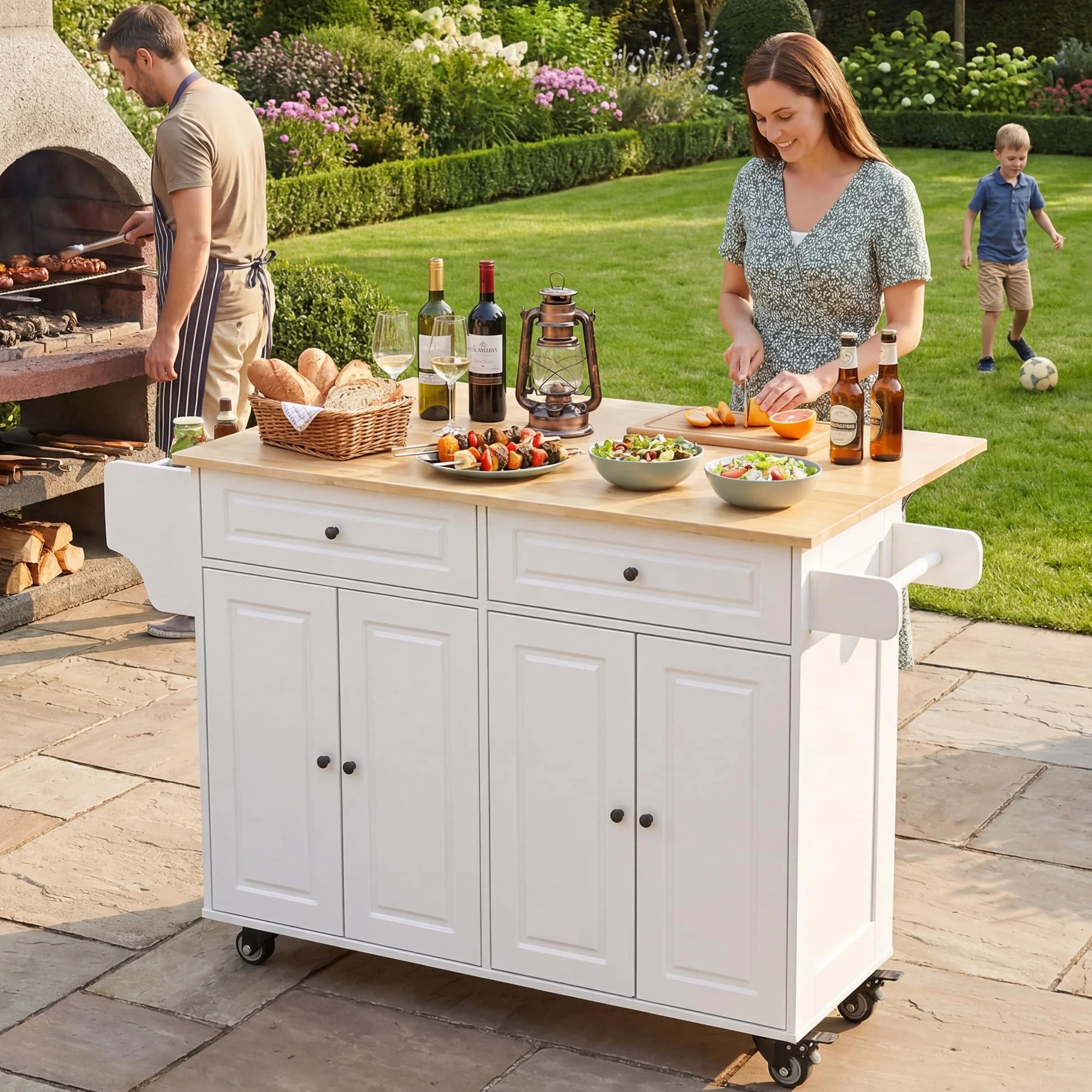 Xbro Isla de Cocina Móvil con Ruedas 145x75x90cm, Carrito Auxiliar Almacenaje, Mueble Moderno Blanco con Encimera y Estanterías para Cocina Comedor (Blanco)