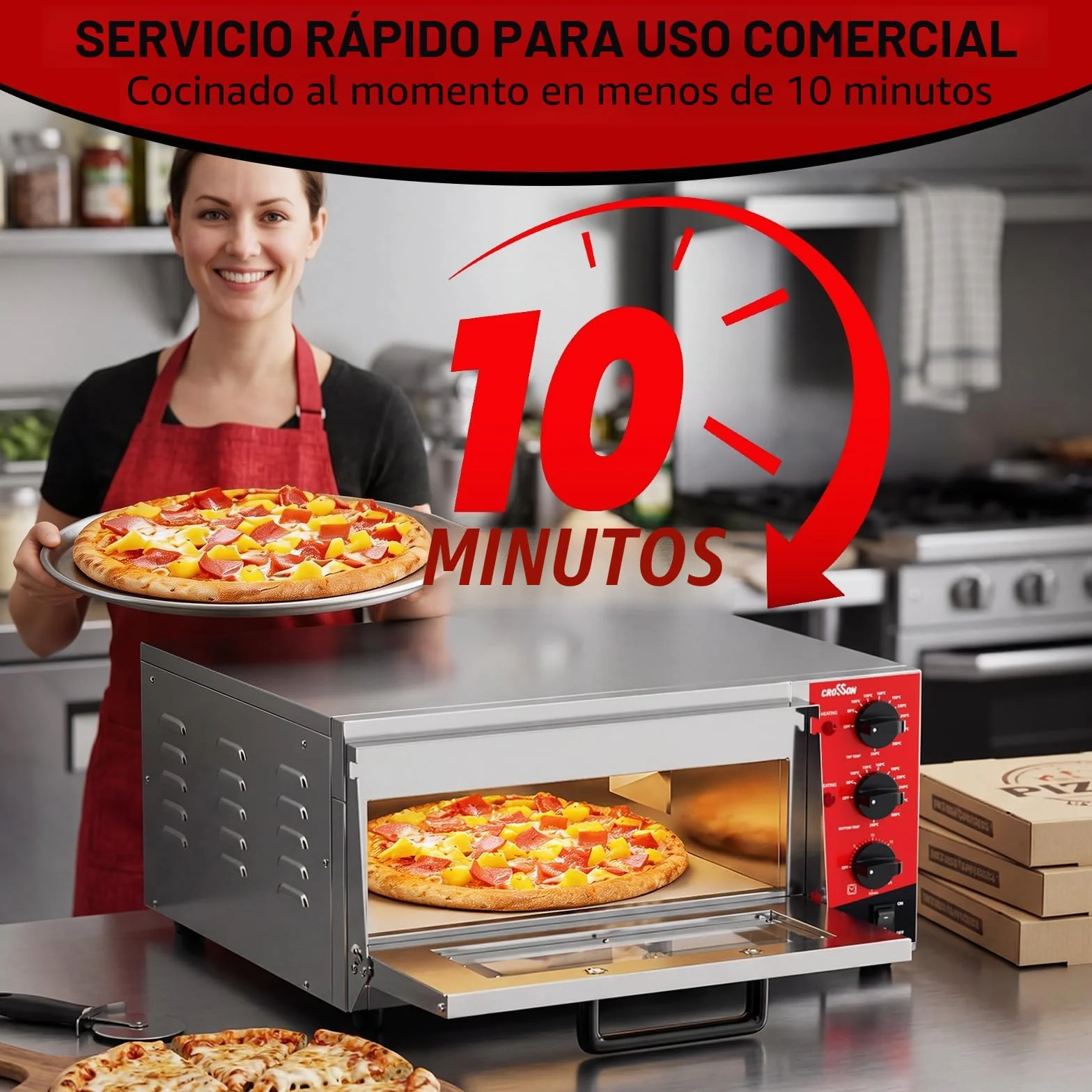CROSSON Horno eléctrico para pizza 16 pulgadas 230V 2000W acero inoxidable con piedra y asa