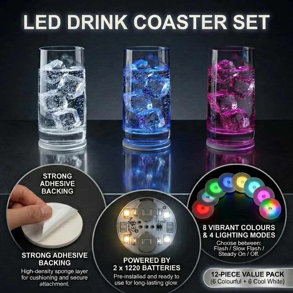 12 Pegatinas LED de Ambiente para Botellas y Vasos, Posavasos LED Multicolor y Blanco Frío, Luces Autoadhesivas con Pilas Reemplazables para Fiestas, Bodas, Bares y Decoración de Mesa