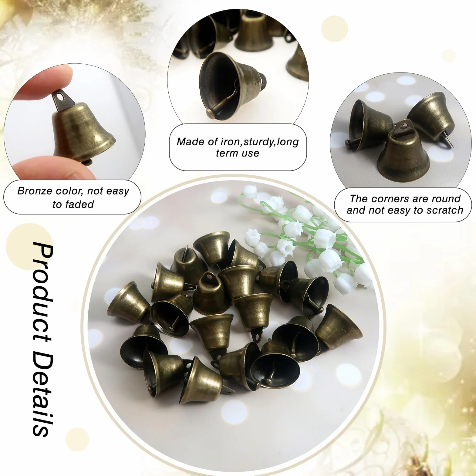 Campanas de Bronce para Manualidades 20 Piezas 22 mm con Cuerda de Cáñamo Carillones de Viento Decoración Navideña
