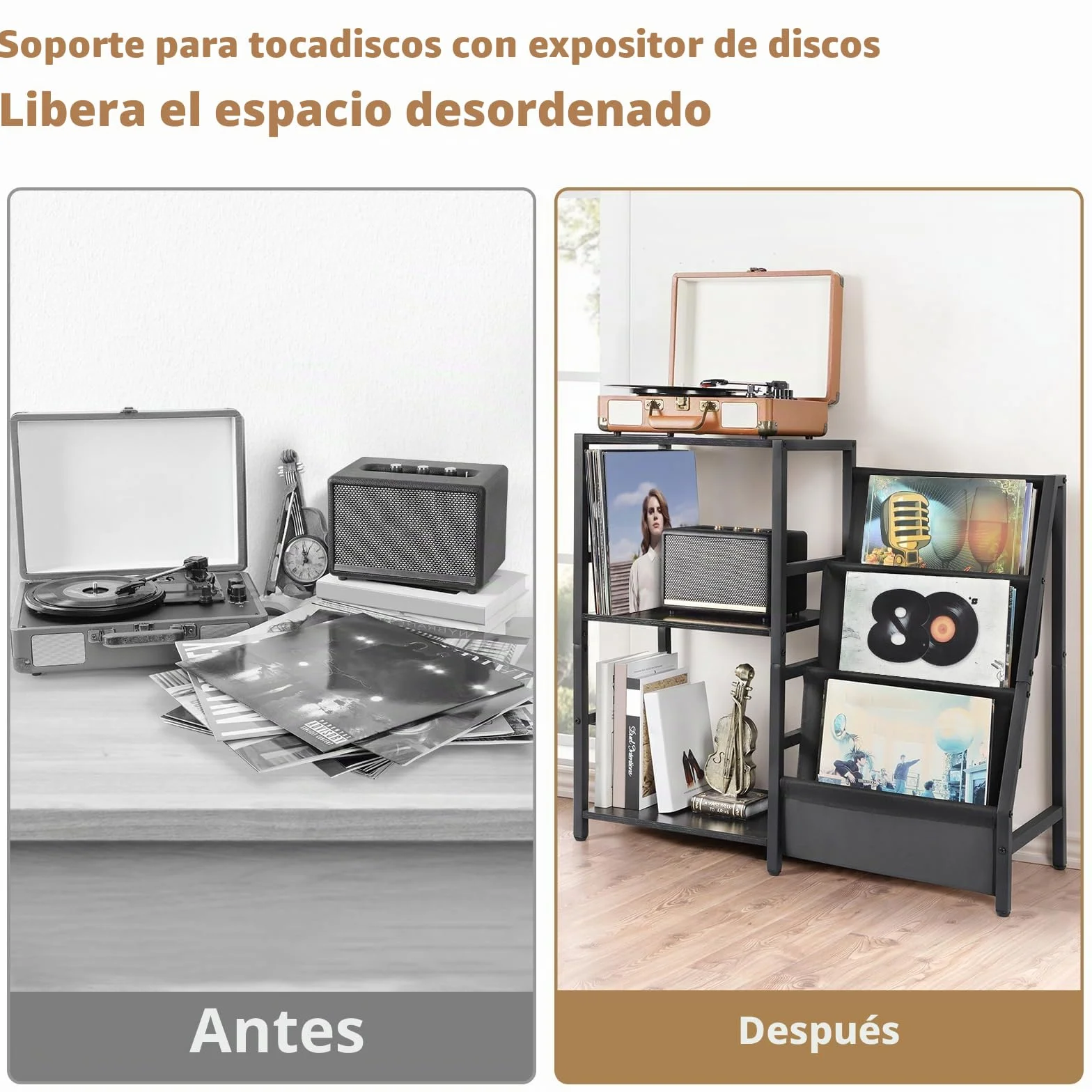 Bikoney Soporte para Tocadiscos de Vinilo, Mesa Auxiliar 3 Niveles con Almacenamiento para 200 Álbumes, Estante de Discos Vinilo para Sala de Estar, Negro
