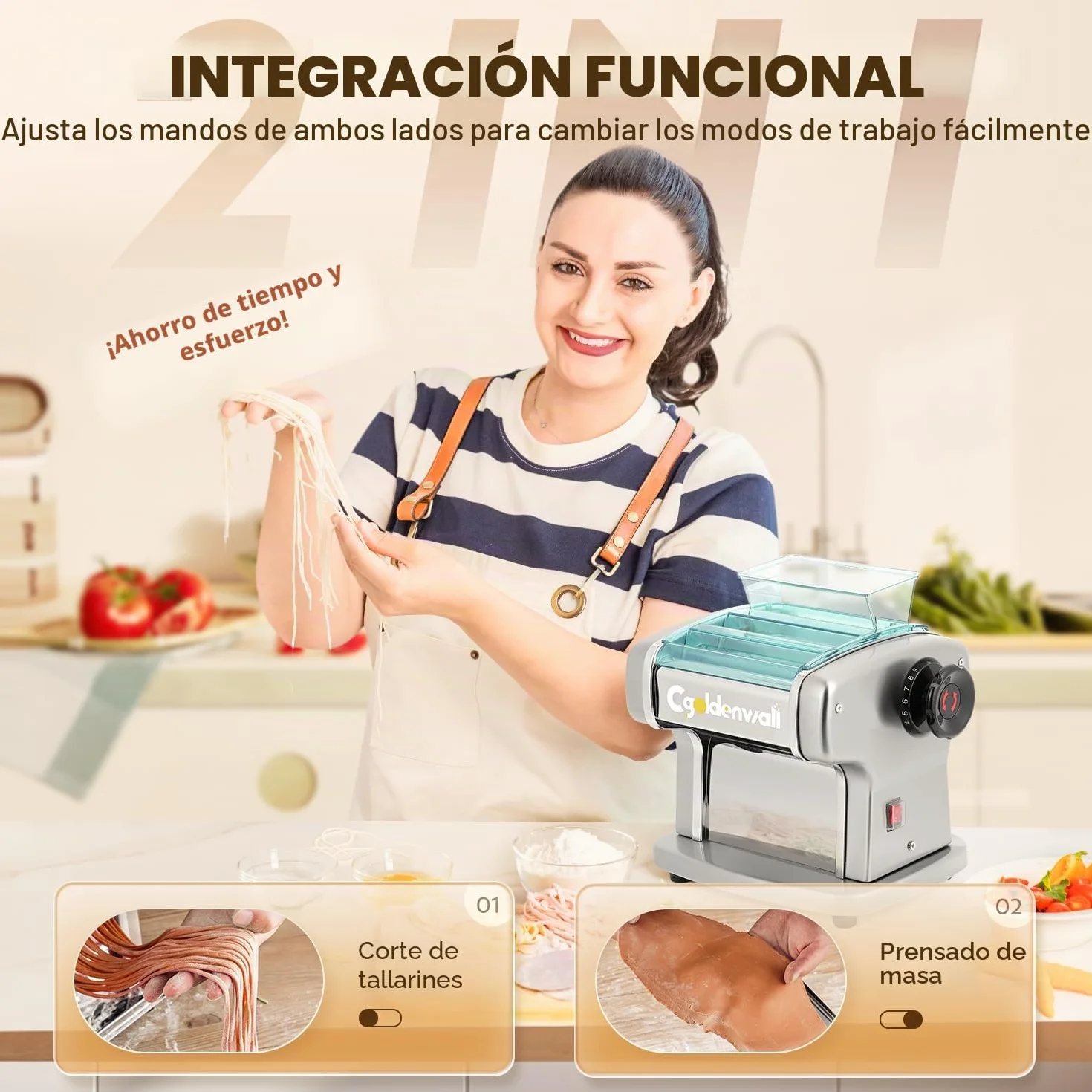 CGOLDENWALL Máquina de Pasta Eléctrica Fresca, Motor de 135W con 2 Cuchillas (2.5 mm/4 mm) y 9 Grosores Ajustables de 0.5-5 mm, Protectora de ABS, Acero Inoxidable para Hacer Espaguetis