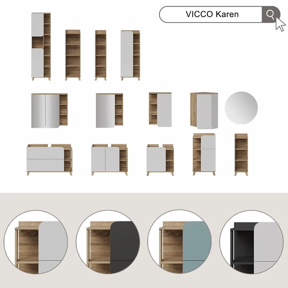 Vicco Mueble bajo Lavabo Karen, Sonoma/Antracita, 60 x 65 cm con Puerta y Compartimentos Abiertos, con Recorte para sifón para instalación Debajo del Lavabo