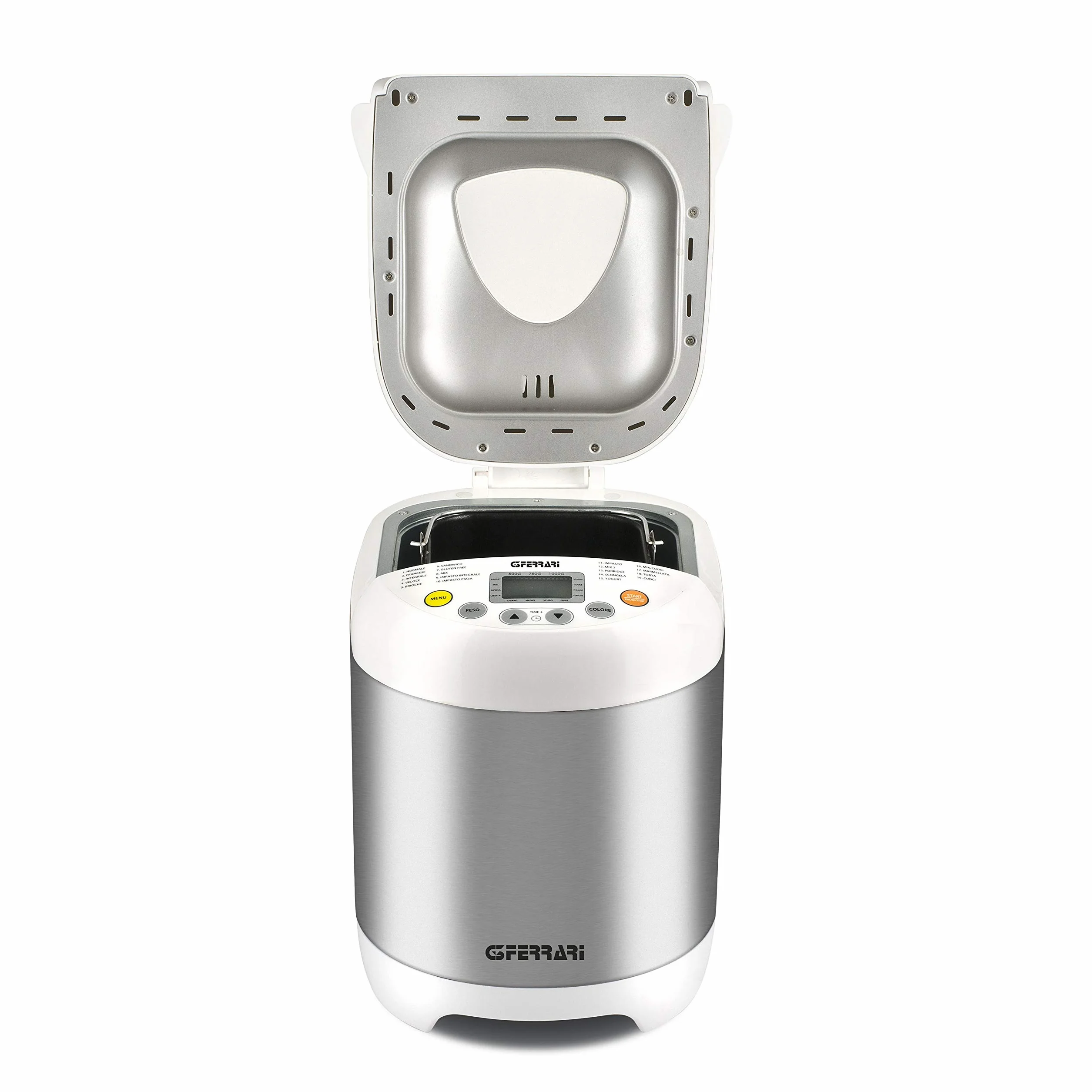 G3 Ferrari G10078 Panificadora para pan, chapata, panecillos y dulces, 550 W, Cuerpo en Inox, 3 niveles de tostado, recetario incluido, 19 programas: mermeladas, yogur, sin gluten, pizzas