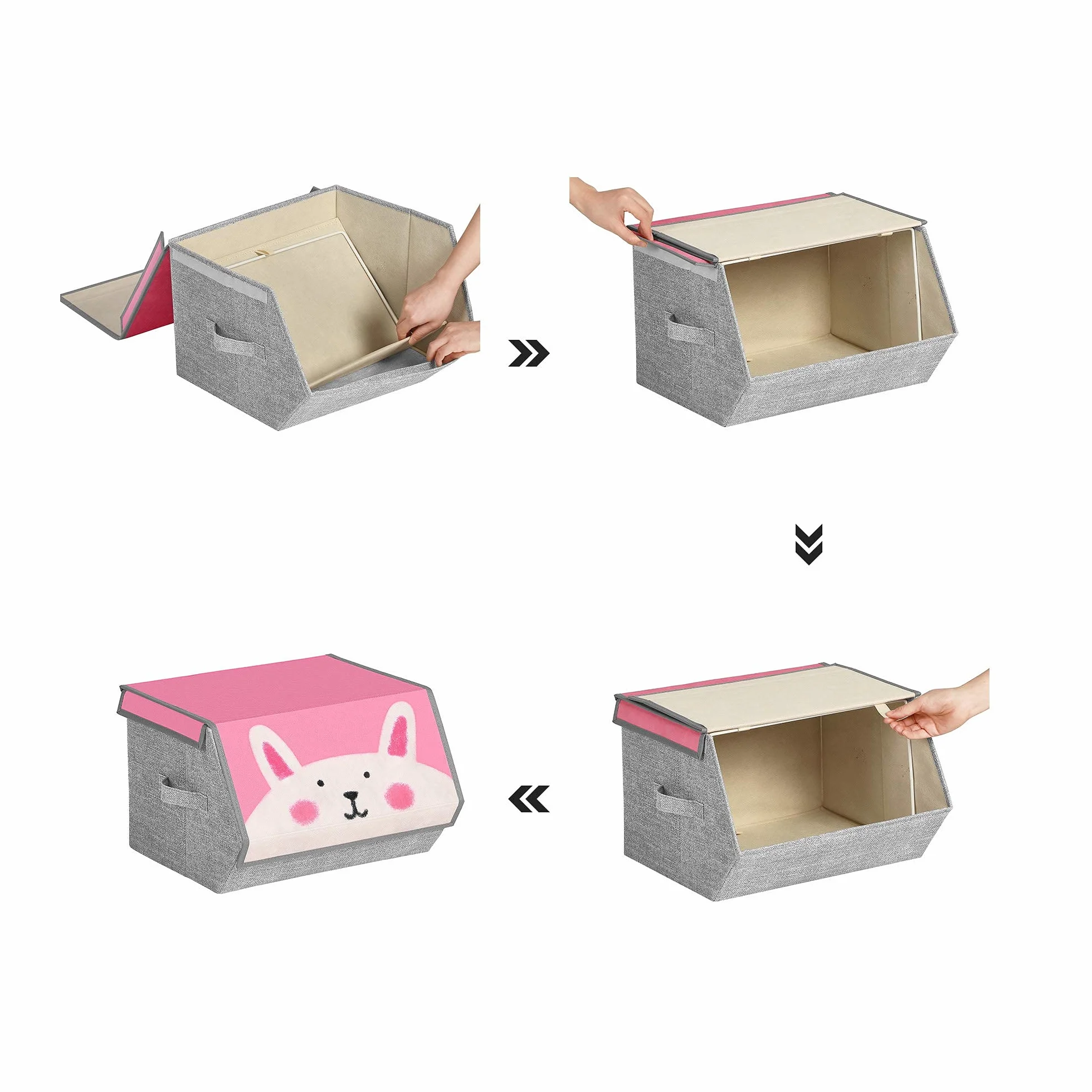 SONGMICS Caja Almacenaje Tela Infantil Plegable Juego 3 Apilables Asas Tapa Magnética Conejo Gato León Rosa Azul Verde Gris