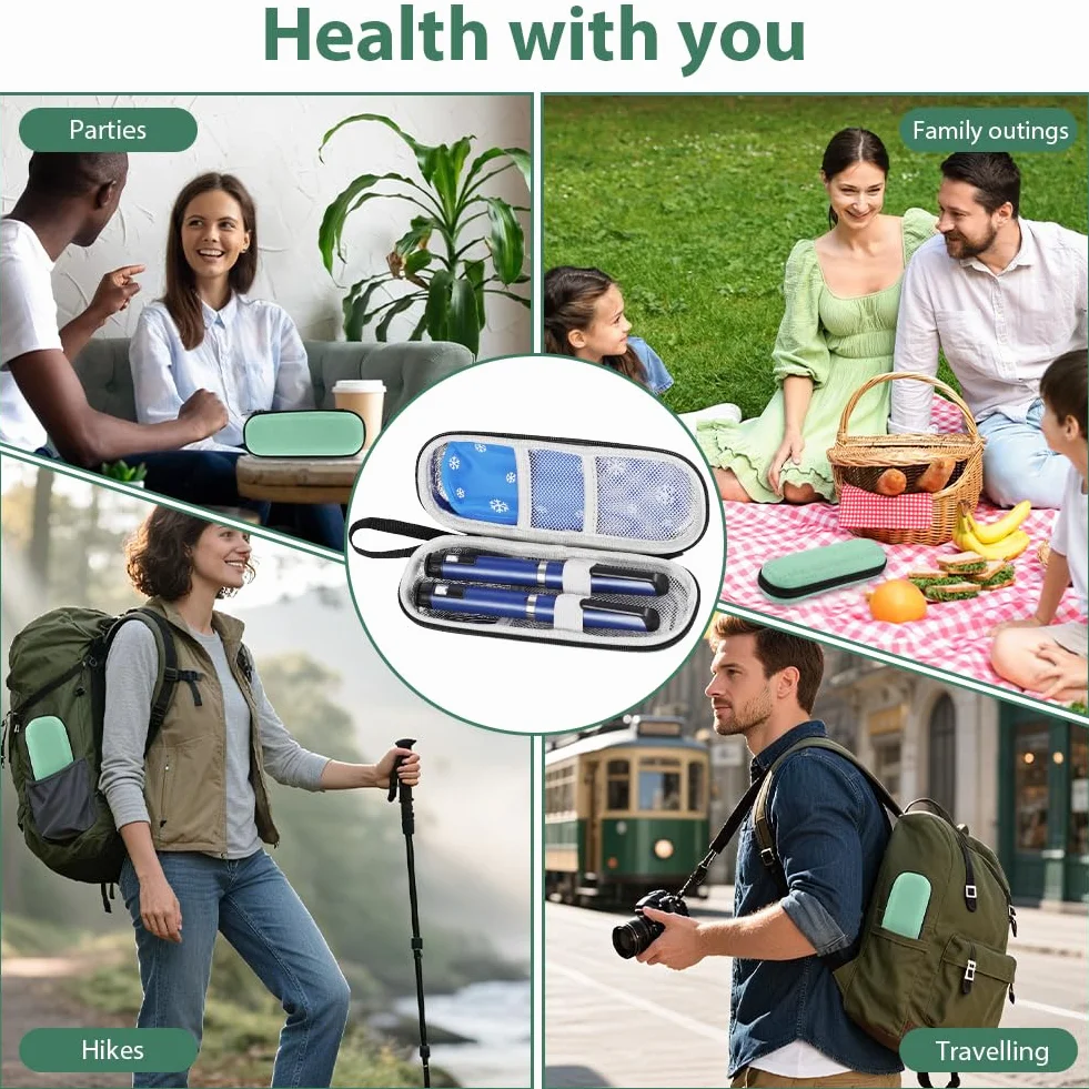 Estuche Insulina Bolsa, Nevera Insulina de Viaje con 2 Bolsas de Hielo Refrigerado TSA, Portátil Estuche Medicamentos para Diabetes con Mosquetón para Viajes Largos y Diarios (Verde)