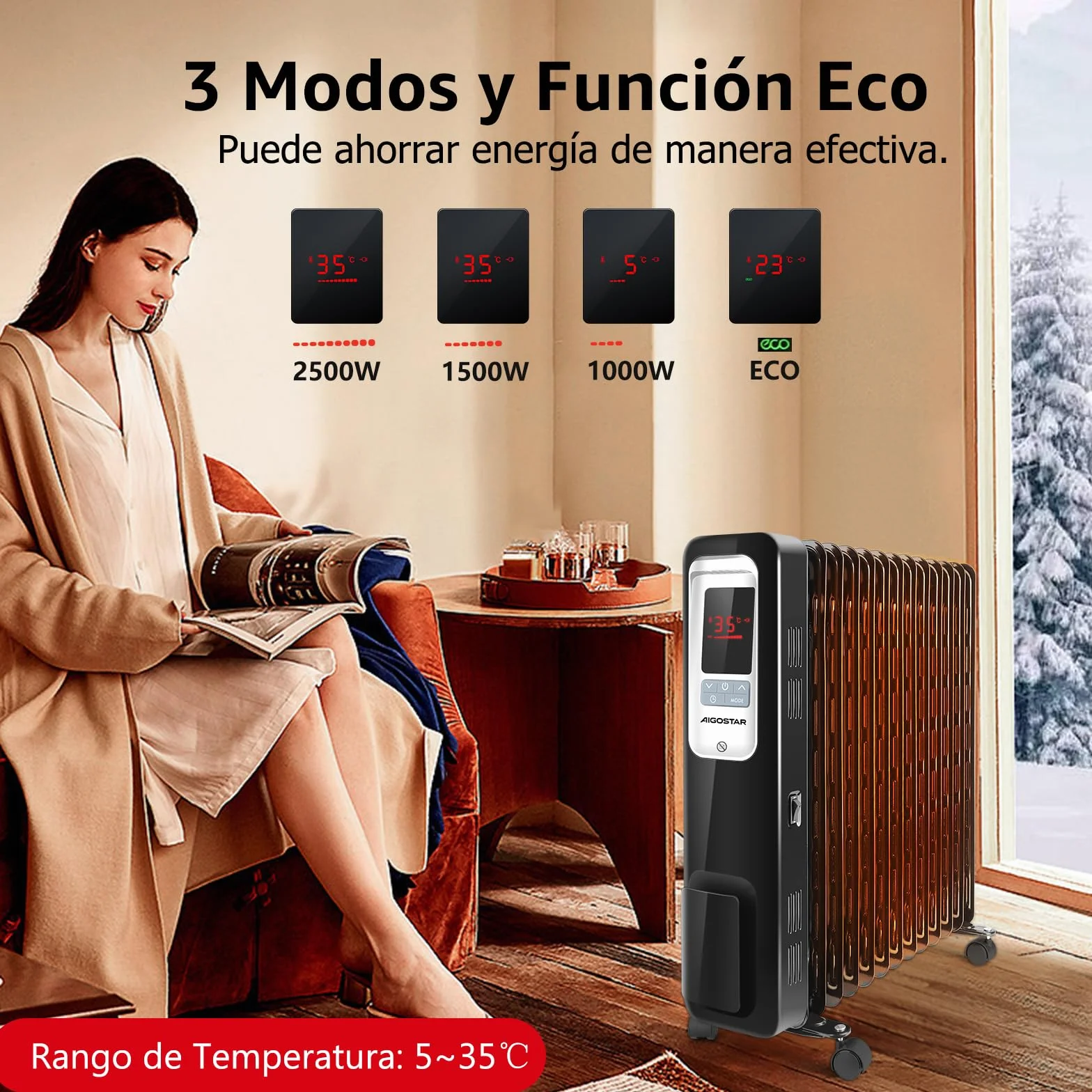 Aigostar Radiador de Aceite Portátil de 13 Elementos, Pantalla de Control LED, Mando a Distancia, 3 Modos y Función Eco, Silencioso, 2500W, Recomendado para Estancias de 25 m2, Oil Monster