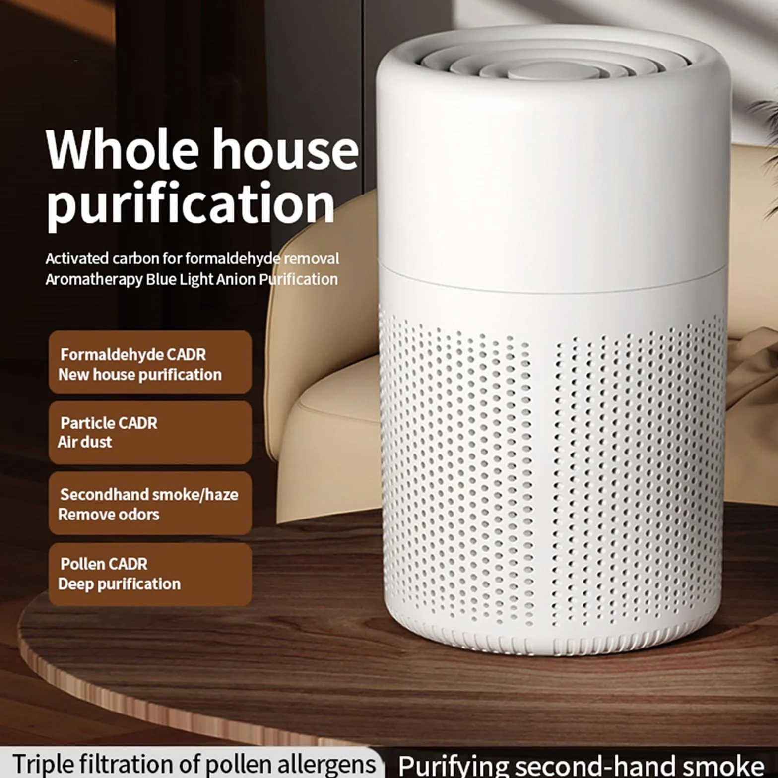 Purificador de Aire con Filtro HEPA, USB con Aromaterapia, Silencioso para Hogar y Oficina