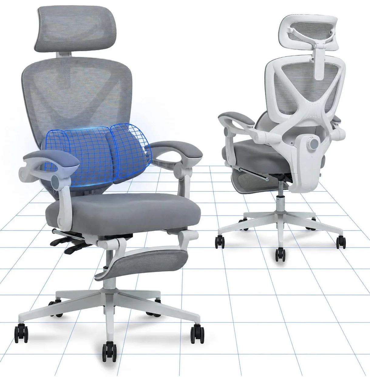 FLEXISPOT OC4 Silla Ergonomica Escritorio con Reposapiés, Silla Escritorio con Soporte Lumbar 3 Zonas, Reclinable 135°, Cojín Transpirable, Altura Ajustable, Ideal Oficina y Teletrabajo, Gris