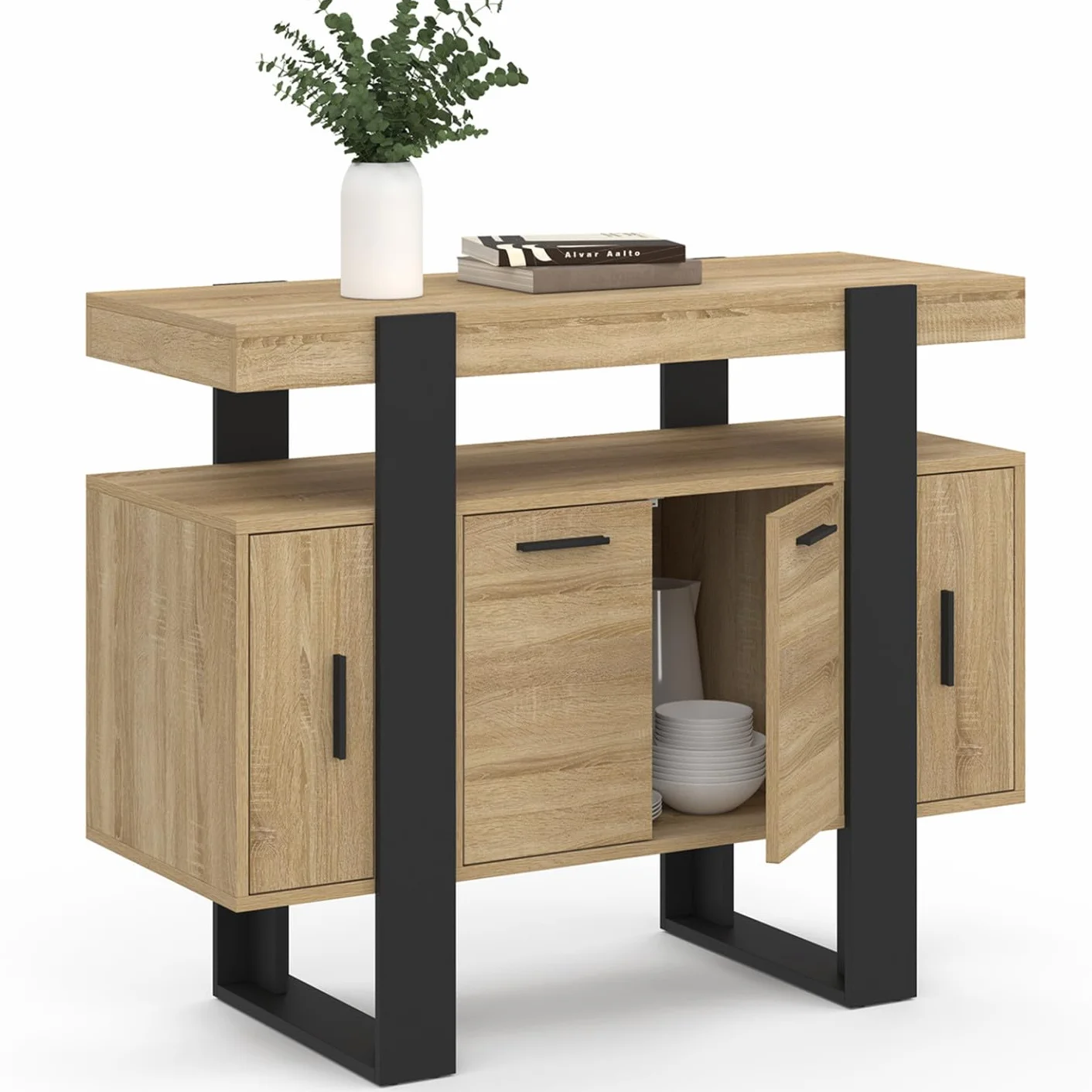 IDMarket Phoenix - Armario Aparador (100 cm, 4 puertas, madera y negro), color negro