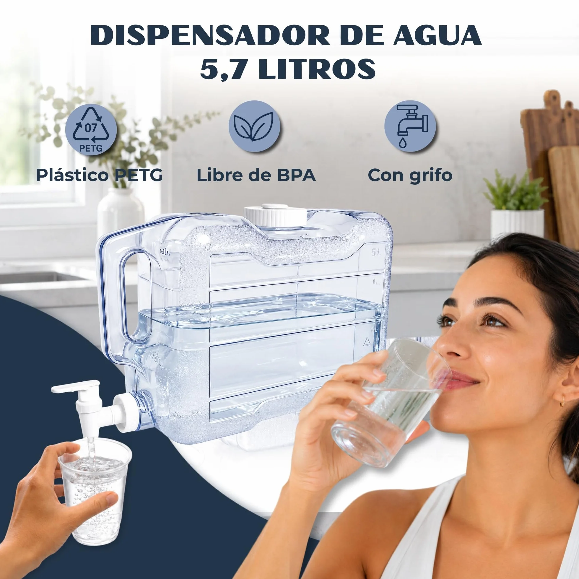 Dispensador de Agua Fria para Nevera, Dispensador de Bebidas de plástico, Ergonómico con asa, Plástico PETG Libre de Fugas, Libre BPA, Dimensiones 29 cm Largo x 20cm Alto x 12 cm Ancho, 5.7 litros
