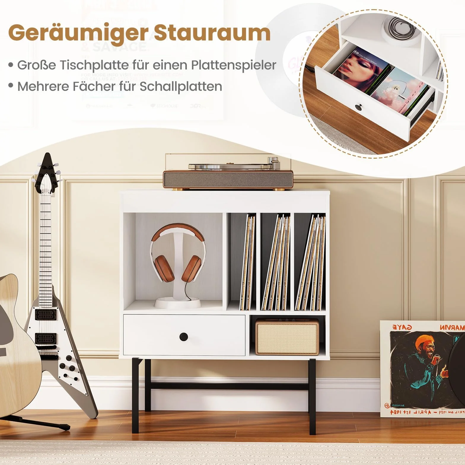 FANTASK Soporte Tocadiscos de Madera con Almacenamiento de Vinilo, Cajón y Soporte para Álbumes, Armario Auxiliar 70 cm