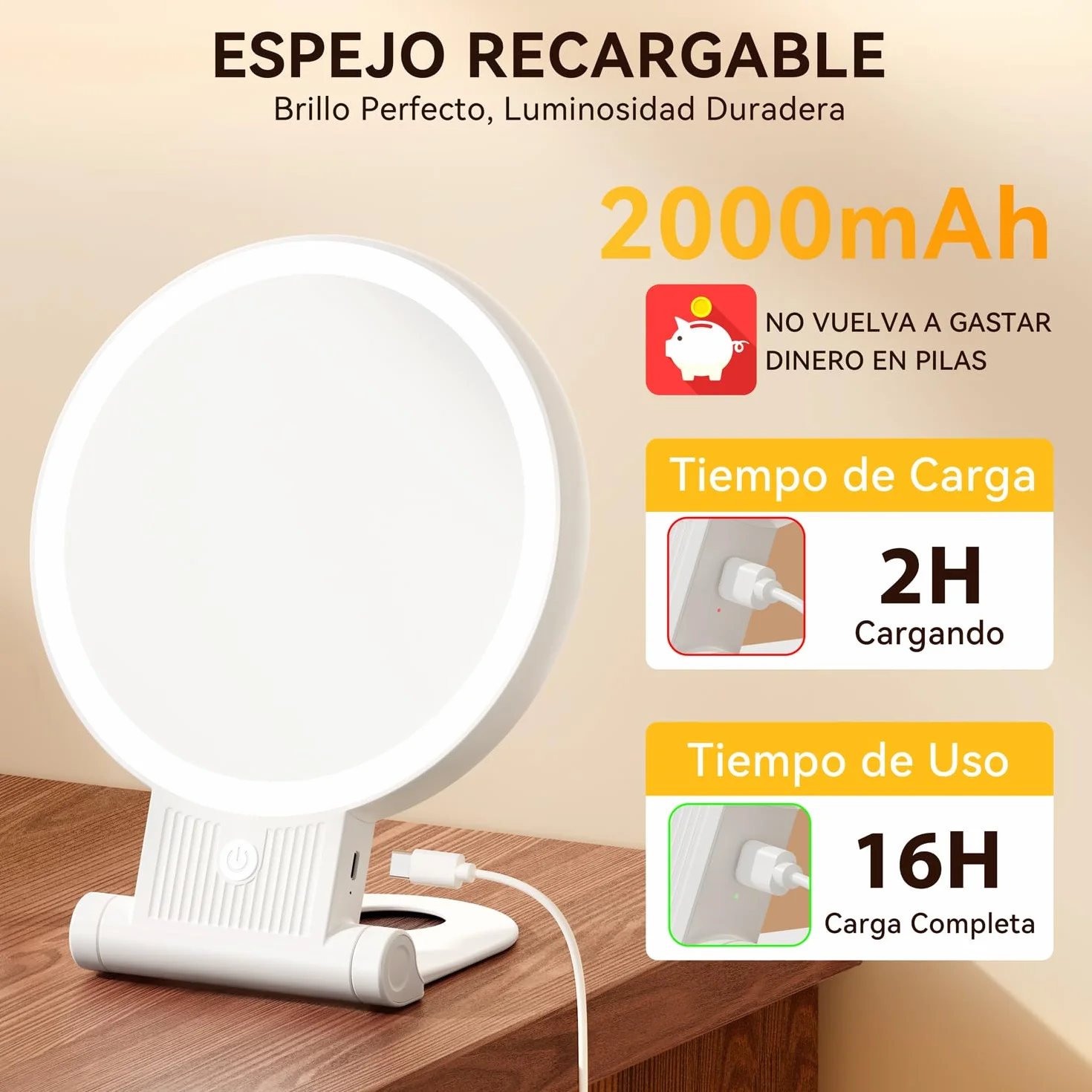 Espejo Maquillaje con Luz LED 30X/1X Aumento Doble Cara 72 Leds 3 Colores Regulable 2000mAh Recargable USB Colgable Pared Portátil Blanco