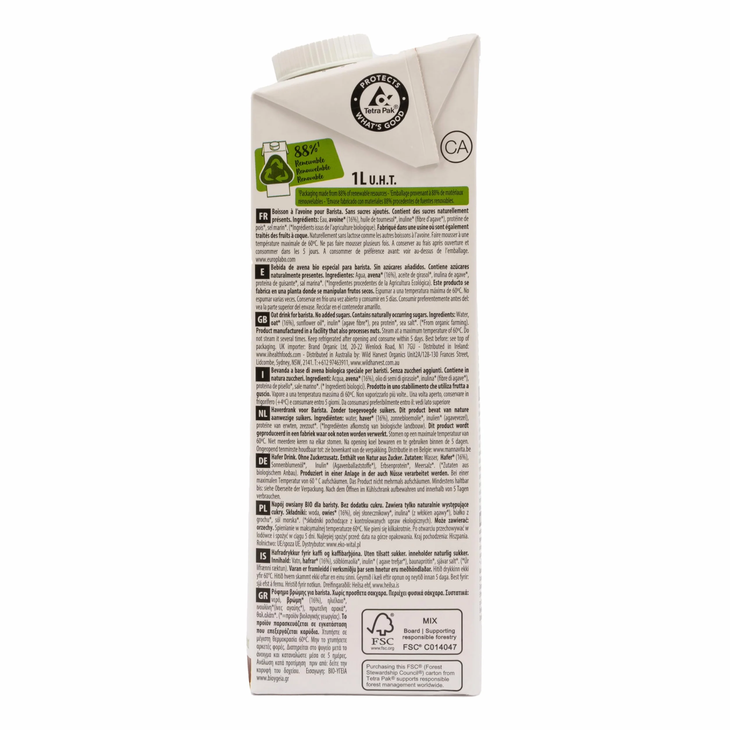 ECOMIL Barista Oat Bio Leche de Avena Barista Profesional Bebida Vegetal 1L
