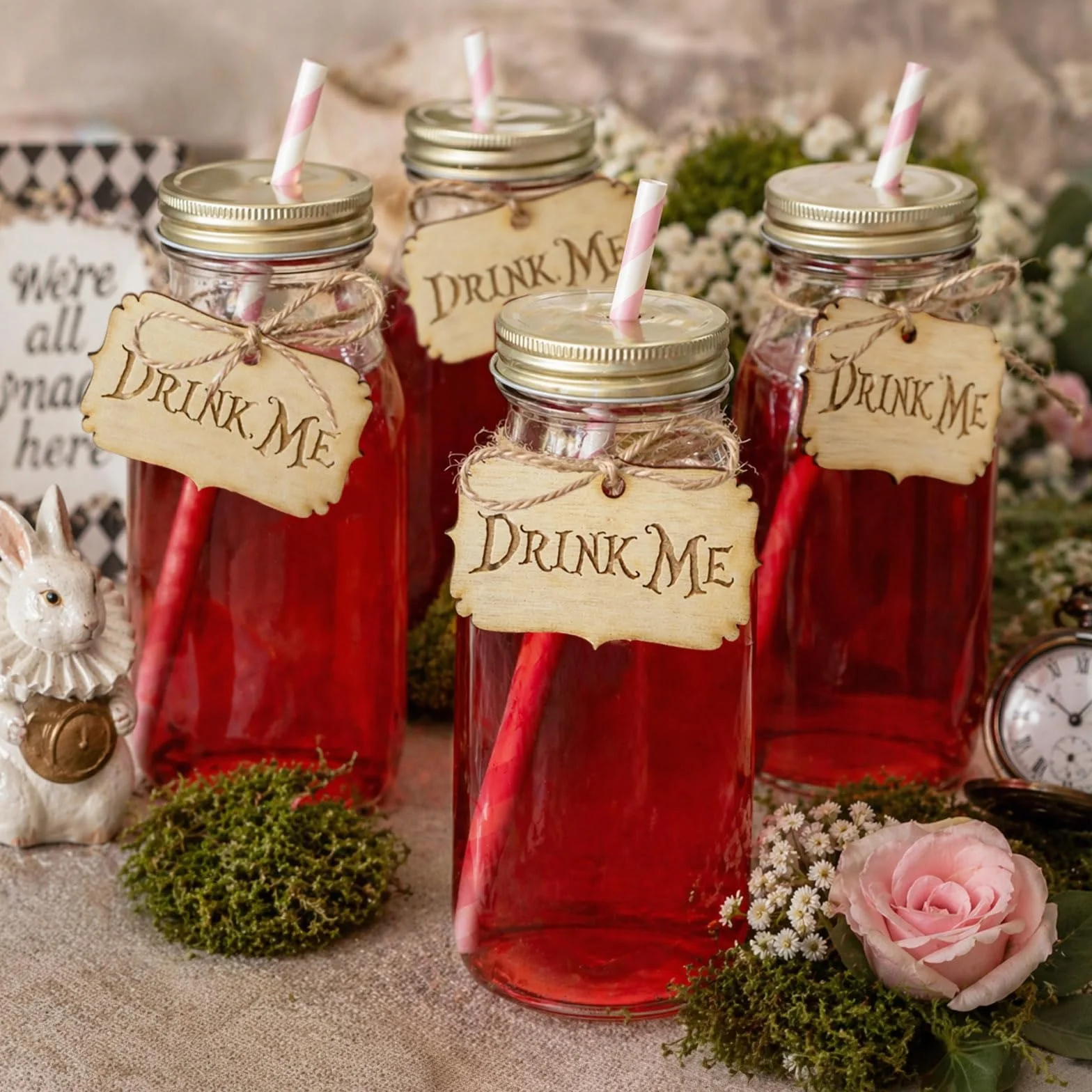 Summer-Ray - Etiquetas de madera para fiestas, 50 unidades, diseño de Alicia en el País de las Maravillas Drink Me