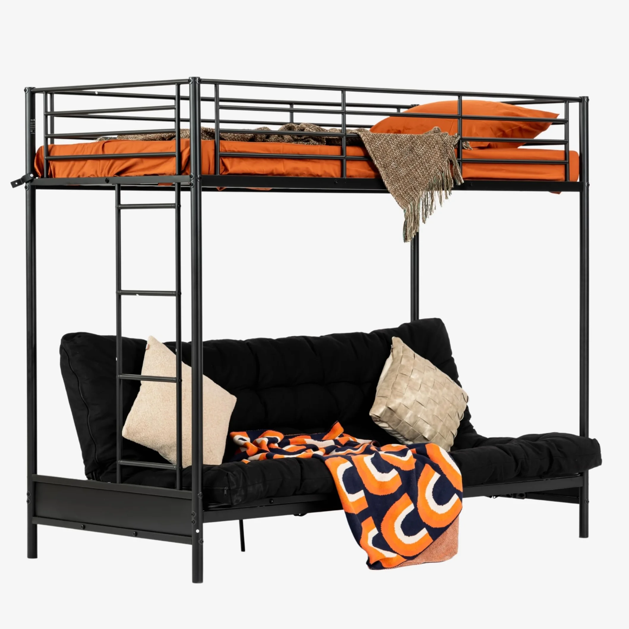 Literas Juveniles 90x190cm Marco de Cama con Sofá Plegable y Somier de Lamas de Metal Negro