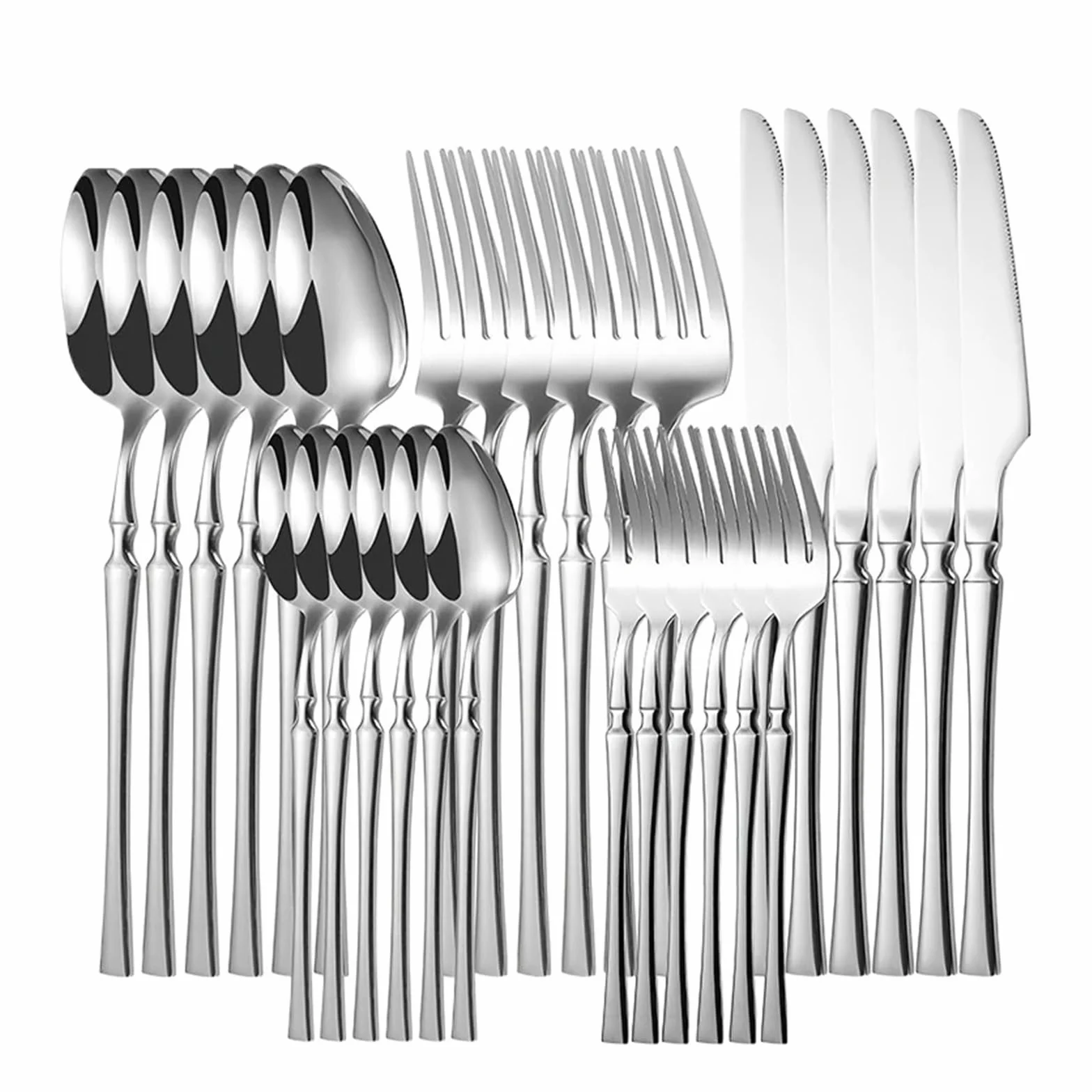 Juego de cubiertos de acero inoxidable de 24 piezas, acabado plateado | Set de vajilla con cuchara, tenedor y cuchillo para hogar y comedor comercial(30pcs silver)