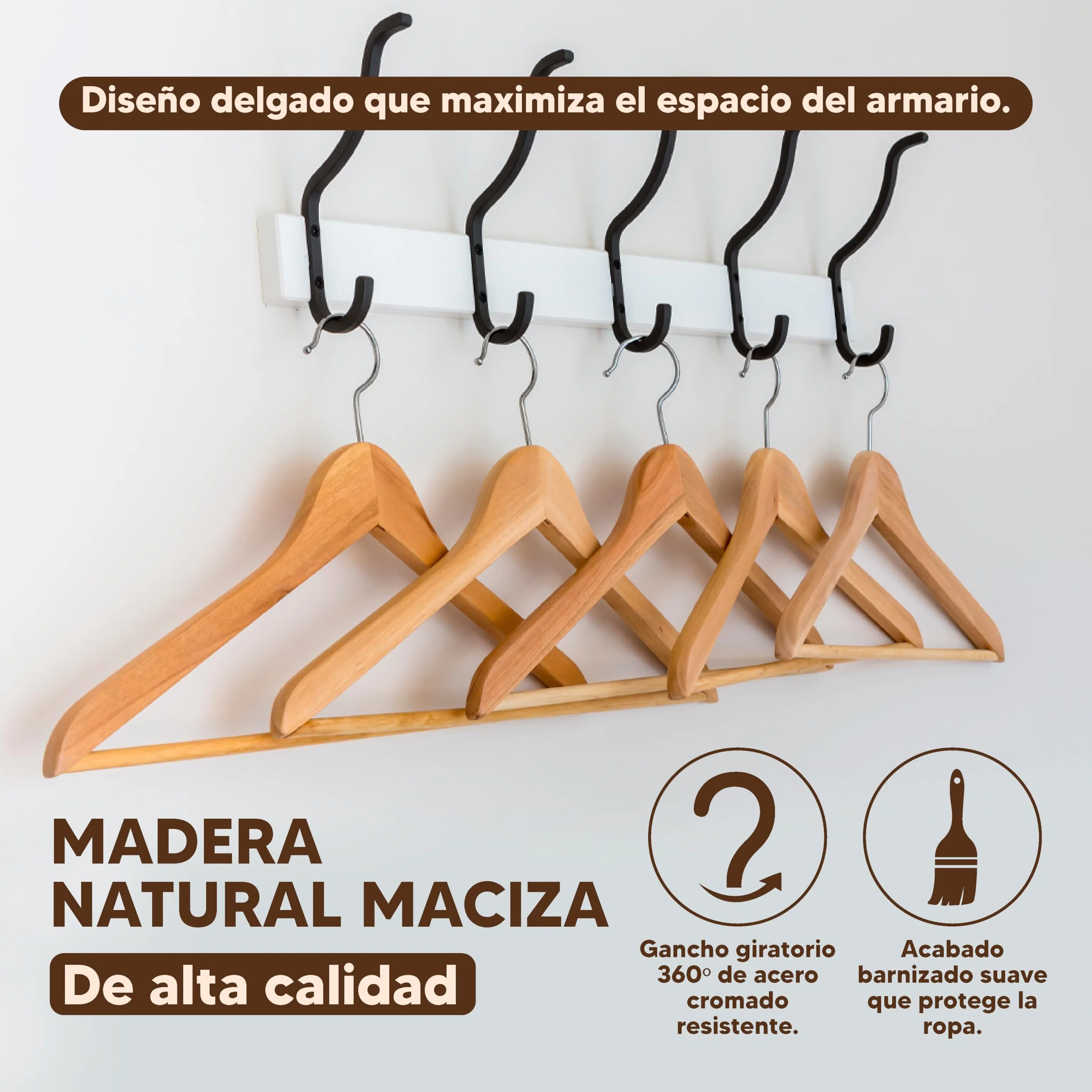 40X Perchas Madera Natural Maciza para Ropa - Perchas de Madera con Gancho Giratorio 360º - Perchas para Pantalones, Camisa, Traje, Vestidos - Colgadores de Ropa Antideslizante para Hogar