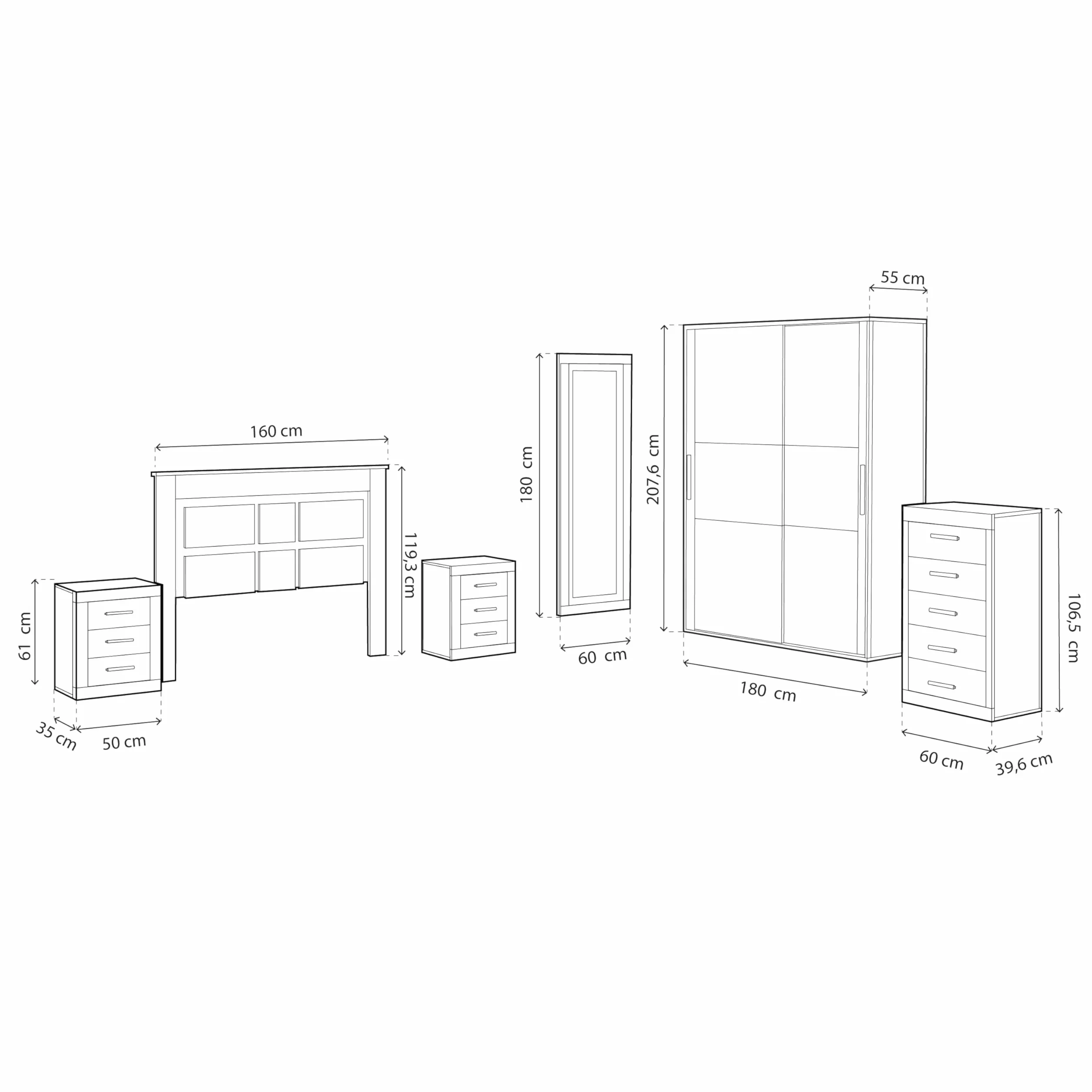 duehome | Pack de Dormitorio con Cabecero + 2 mesitas de Noche + Sinfonier + Espejo + Armario y Cajonera Interior, Dormitorio Completo, Modelo Kira 5c Plus, Acabado en Tofe y Textil