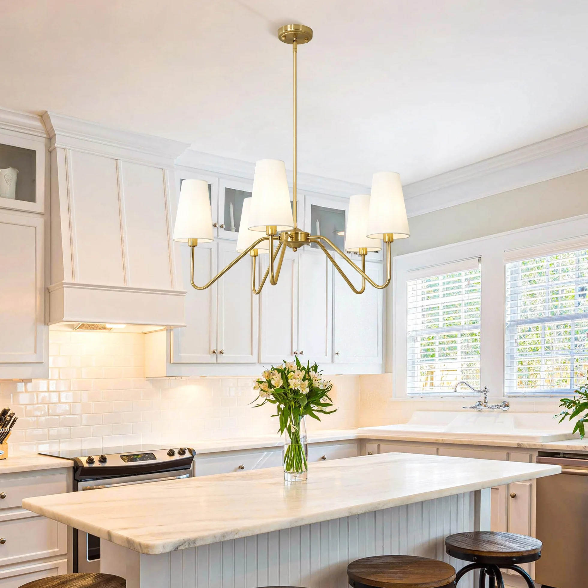 Moderna lámpara de salón lineal suspensión luminaria para isla de cocina con pantalla de tela blanca, suspensión regulable en altura para sala de estar dormitorio pasillo(dorado 5 heads)
