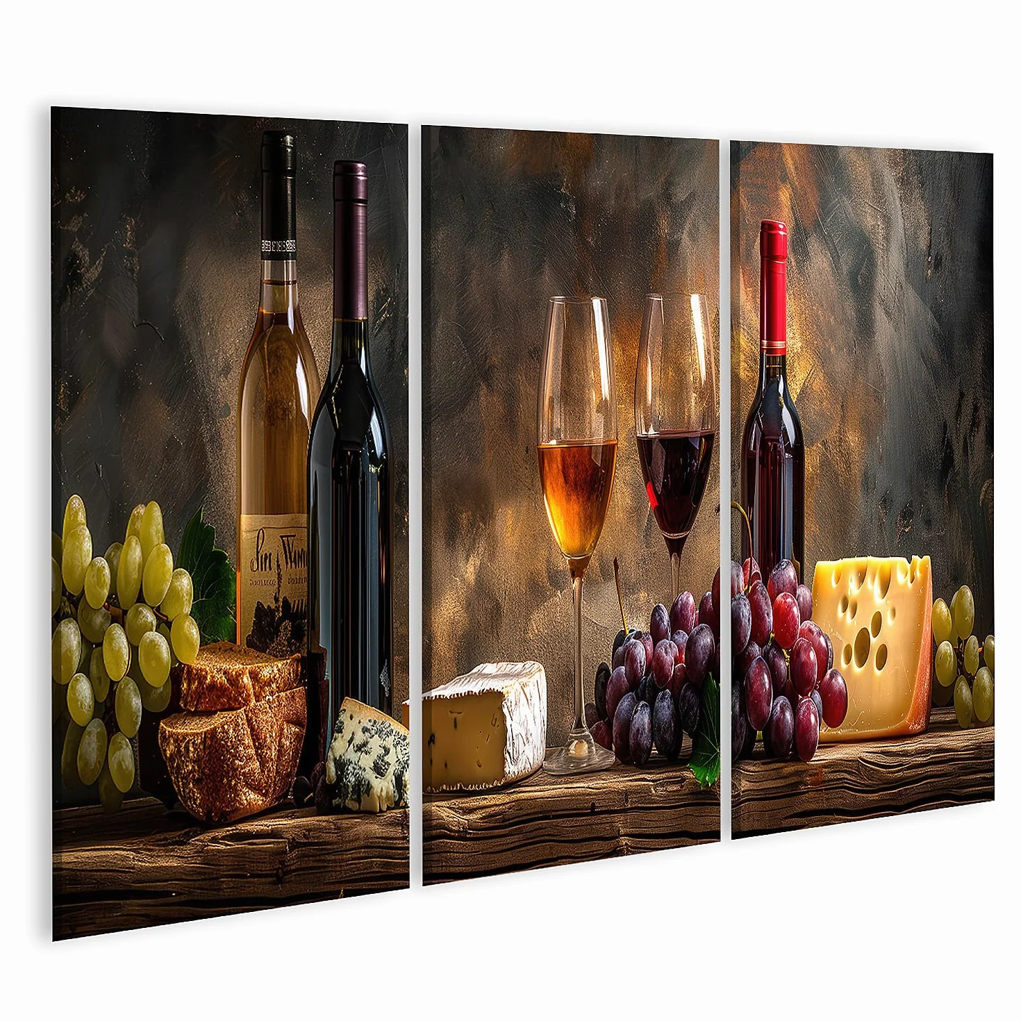 islandburner Primer cuadro sobre lienzo bodegón rústico con botellas de vino vasos uvas queso pan sobre mesa de madera cuadros cuadros murales póster