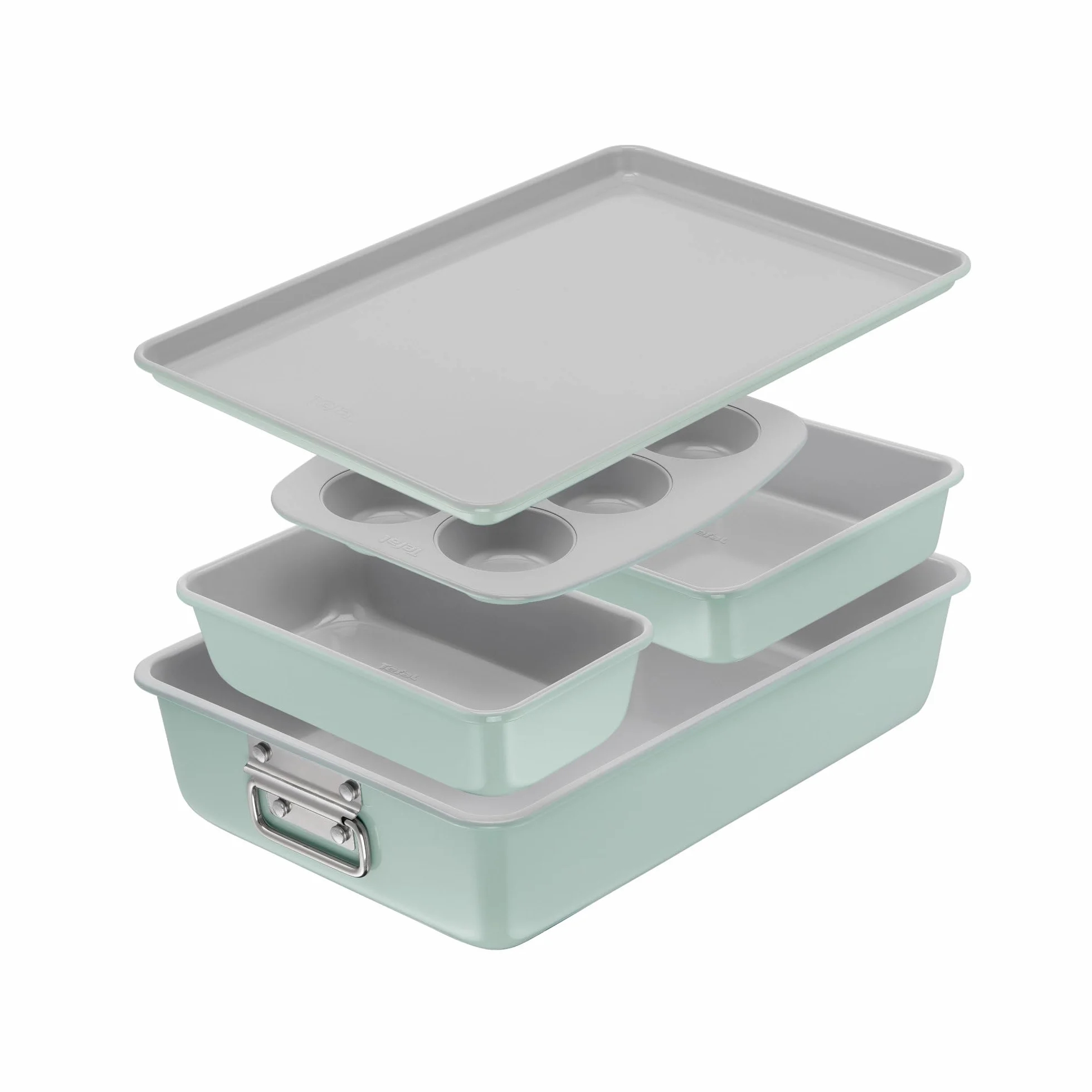T-fal Juego de 5 utensilios apilables de cerámica antiadherentes, color verde menta
