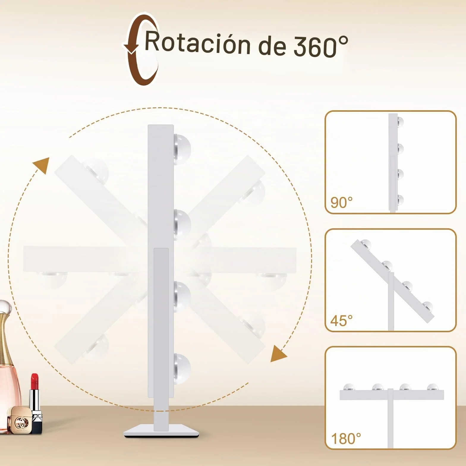Espejo de Maquillaje Hollywood con LED 9, 360° Rotación, 3 Modos, Regulable
