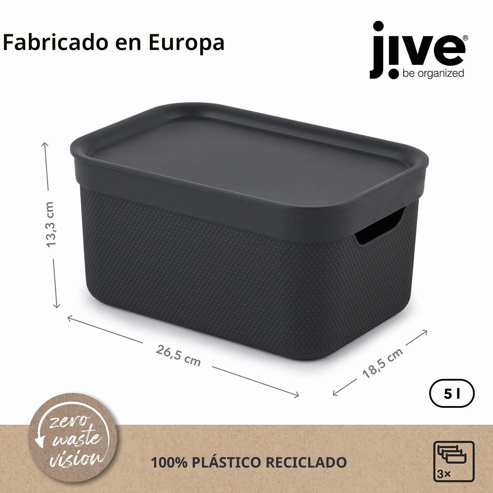 Jive juego de 3 cajas decorativas almacenamiento 5L plástico PP reciclado negro