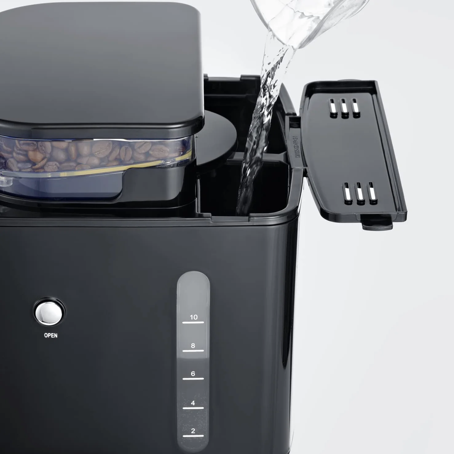 SEVERIN - Cafetera de goteo con molinillo hasta 10 tazas, Cafetera de filtro / Cafetera americana con jarra de cristal de 1l, con pantalla LED con temporizador, Acero inoxidable / Negro, KA 4813