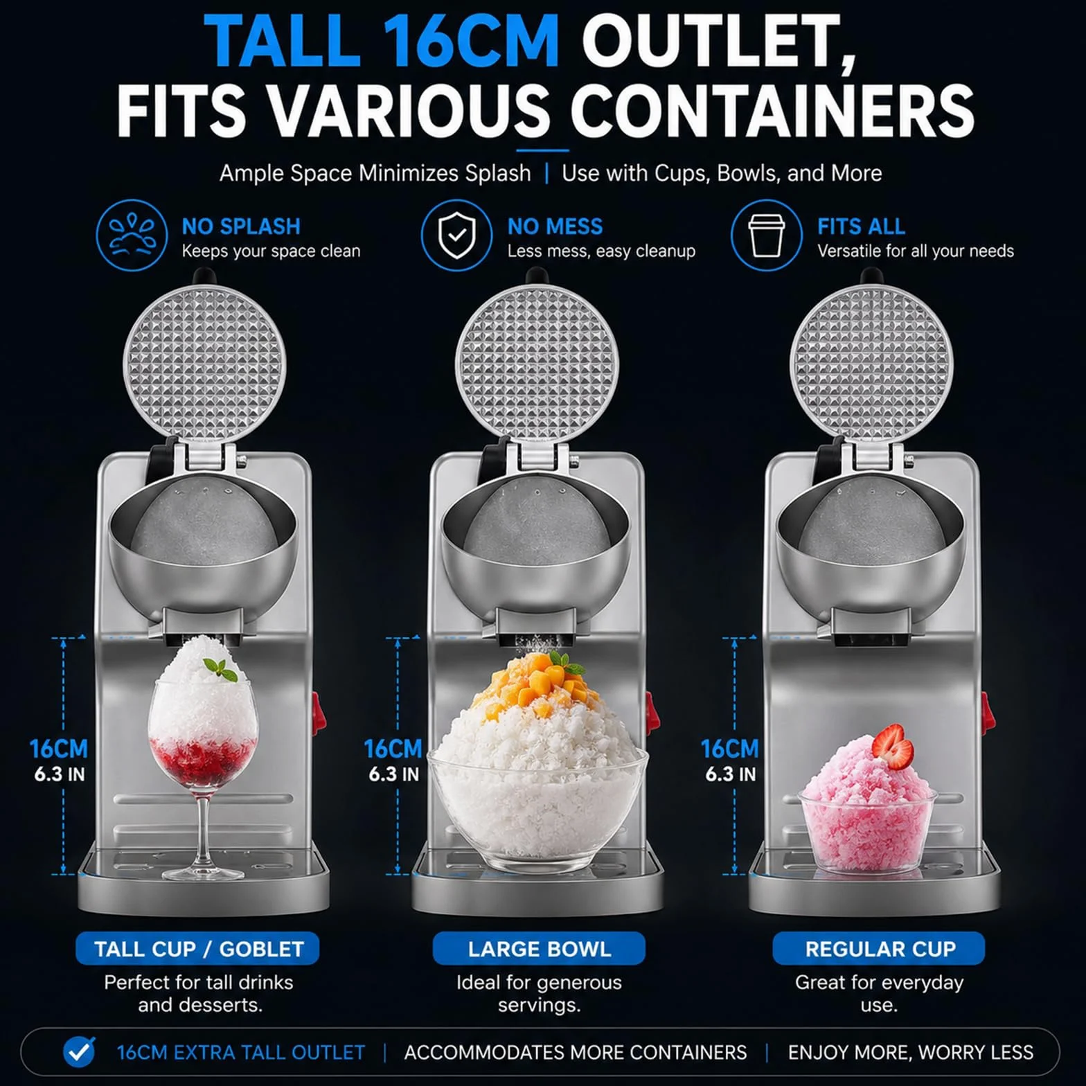 Picadores de hielo eléctricos, máquina para hacer conos de nieve para uso doméstico y comercial, mejora la salida de hielo de 16cm pulgadas de altura, cuchillas dobles, 65kg/h, 300 W/2000 RPM, plata
