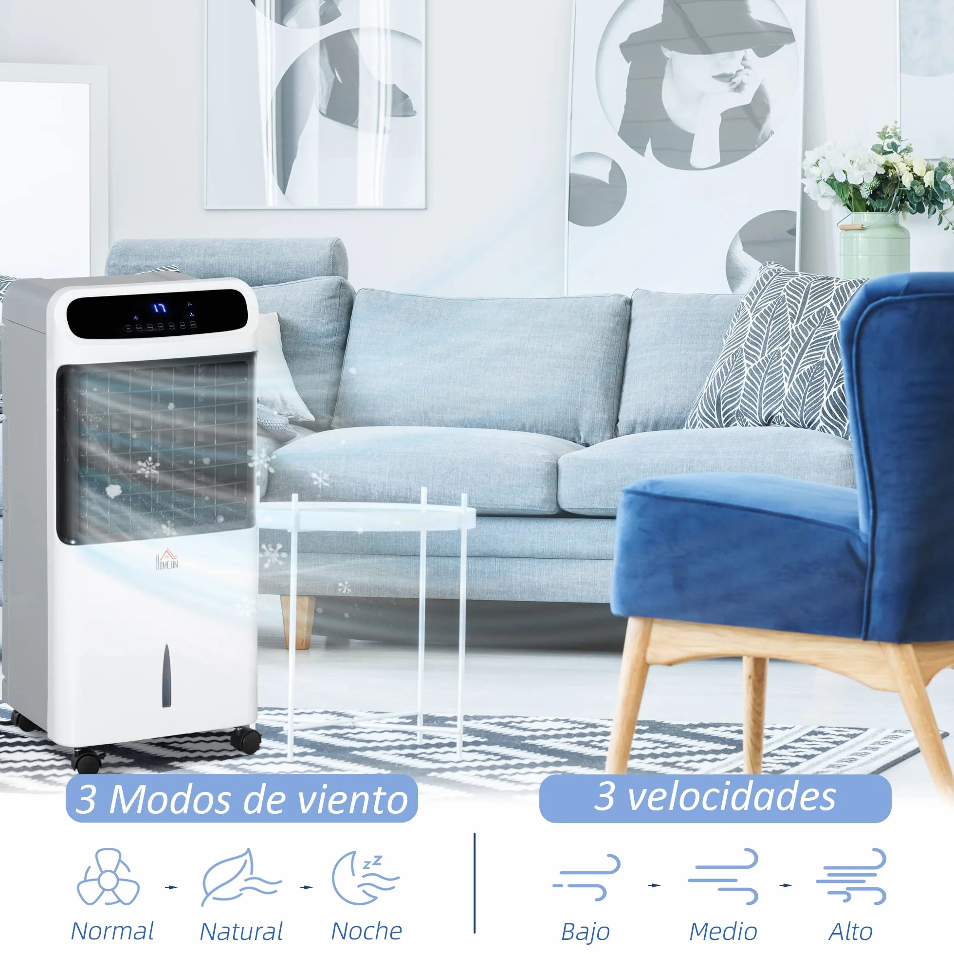 HOMCOM Climatizador Evaporativo Bajo Consumo 4 en 1 Depósito 12L Humidificador Climatizador Iones Negativos Control Remoto 3 Modos 3 Velocidades Temporizador 12 h Pantalla LED Táctil 38x35x81cm Blanco