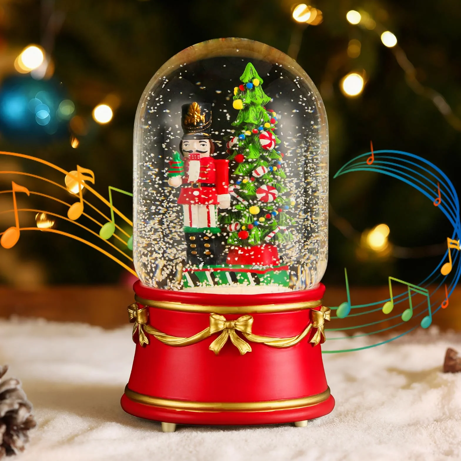 Lewondr Globo de Nieve Navideño, Globo de Cristal con 8 Canciones Navideñas, Caja de Música Eléctrica Reno con Cascanueces y árbol de Navidad, Decoración de Navidad para Chimenea de Dormitorio