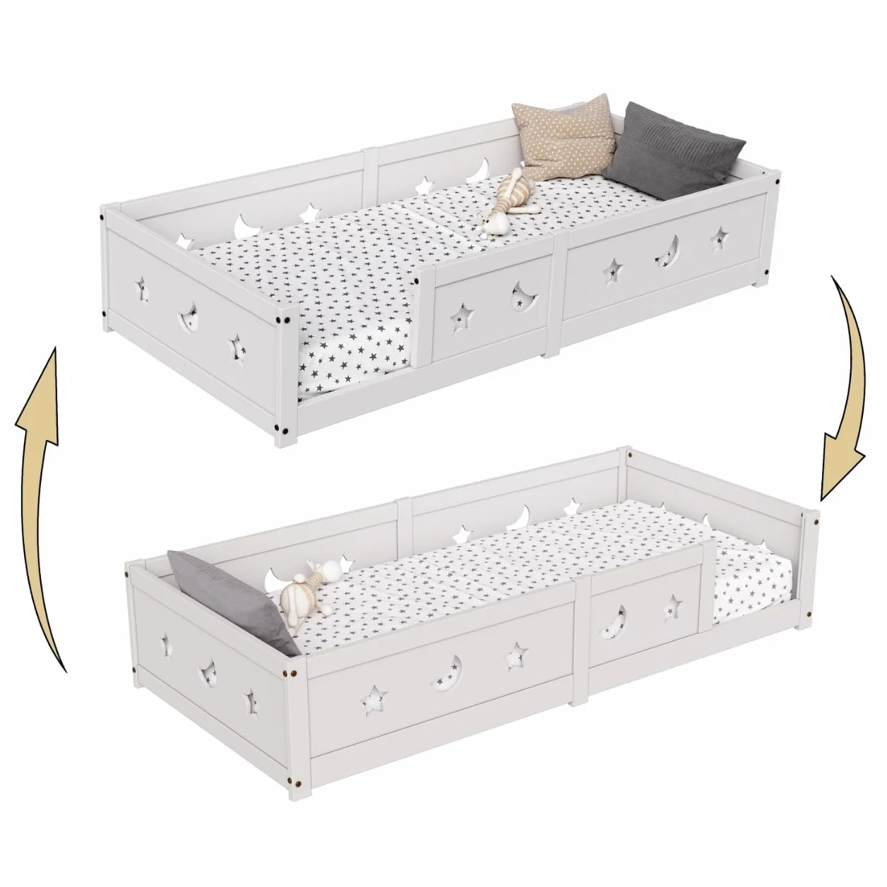 Cama en el suelo para bebé, 90 x 200 cm, cama en el suelo de inspiración Montessori, camas infantiles de madera con barrera de seguridad y somier de láminas, camas individuales para niños y