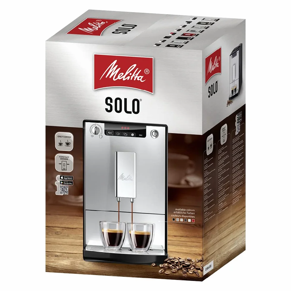 Melitta, Solo E950-222, Cafetera Superautomática con Molinillo, 15 Bares, Café en Grano para Espresso, Limpieza Automática, Personalizable, Pure Black