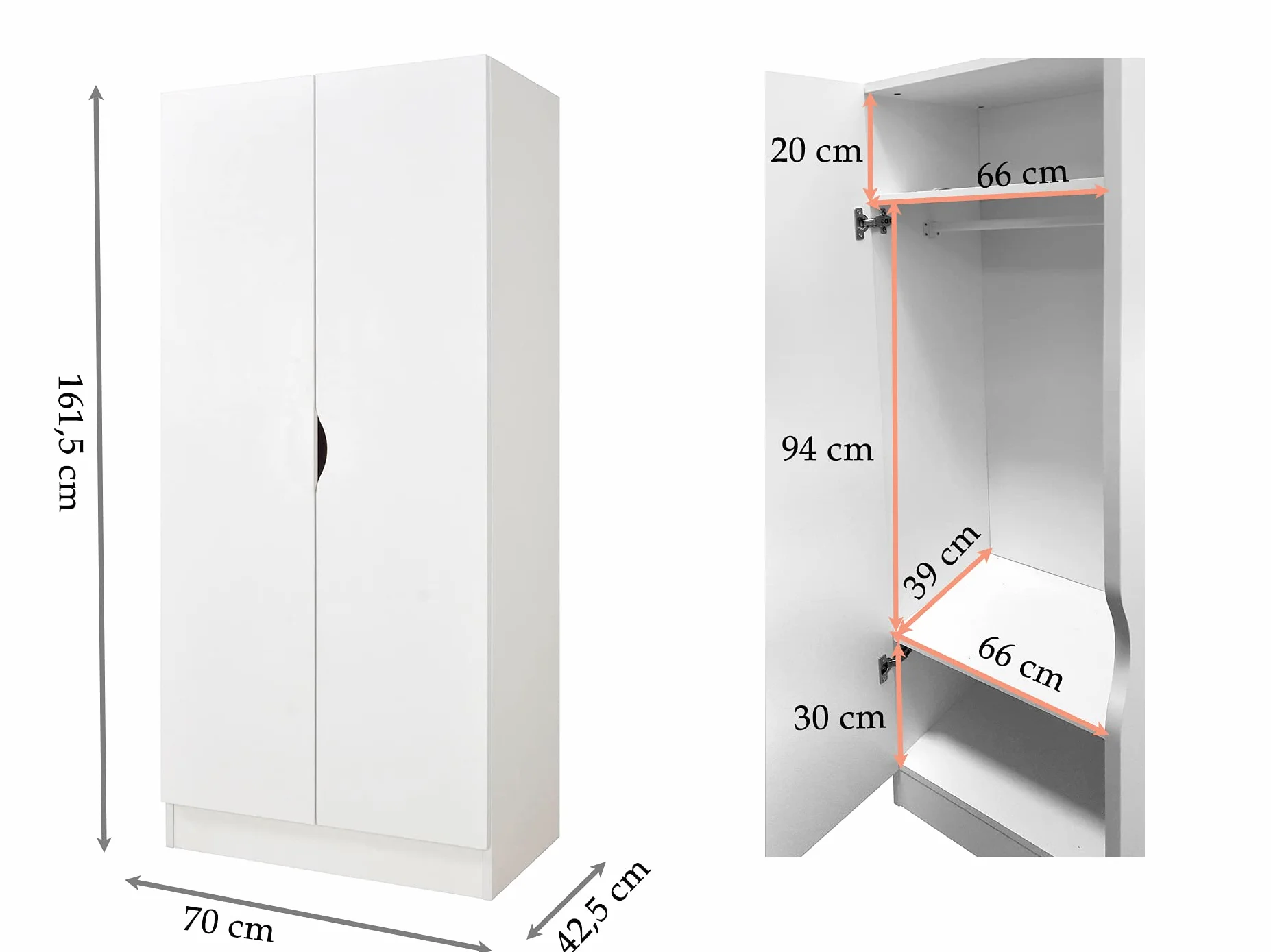 Armario Blanco Roma 2 Puertas MDF 70x42,5x161,5 cm Mueble Dormitorio Unicornio