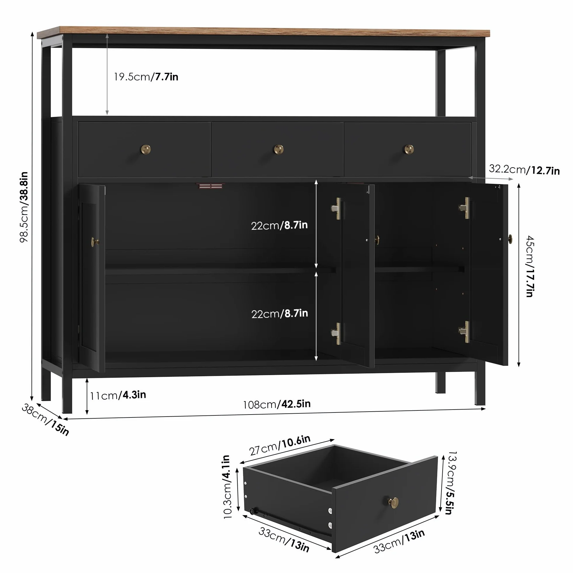 FirFurd Mueble Aparador, Aparador Cocina, Aparador Comedor, Mueble Almacenaje Auxiliar, para Salón, Baño, con 3 cajones y 3 Puertas, Estante Ajustable, 108x38x98,5cm (Negro)