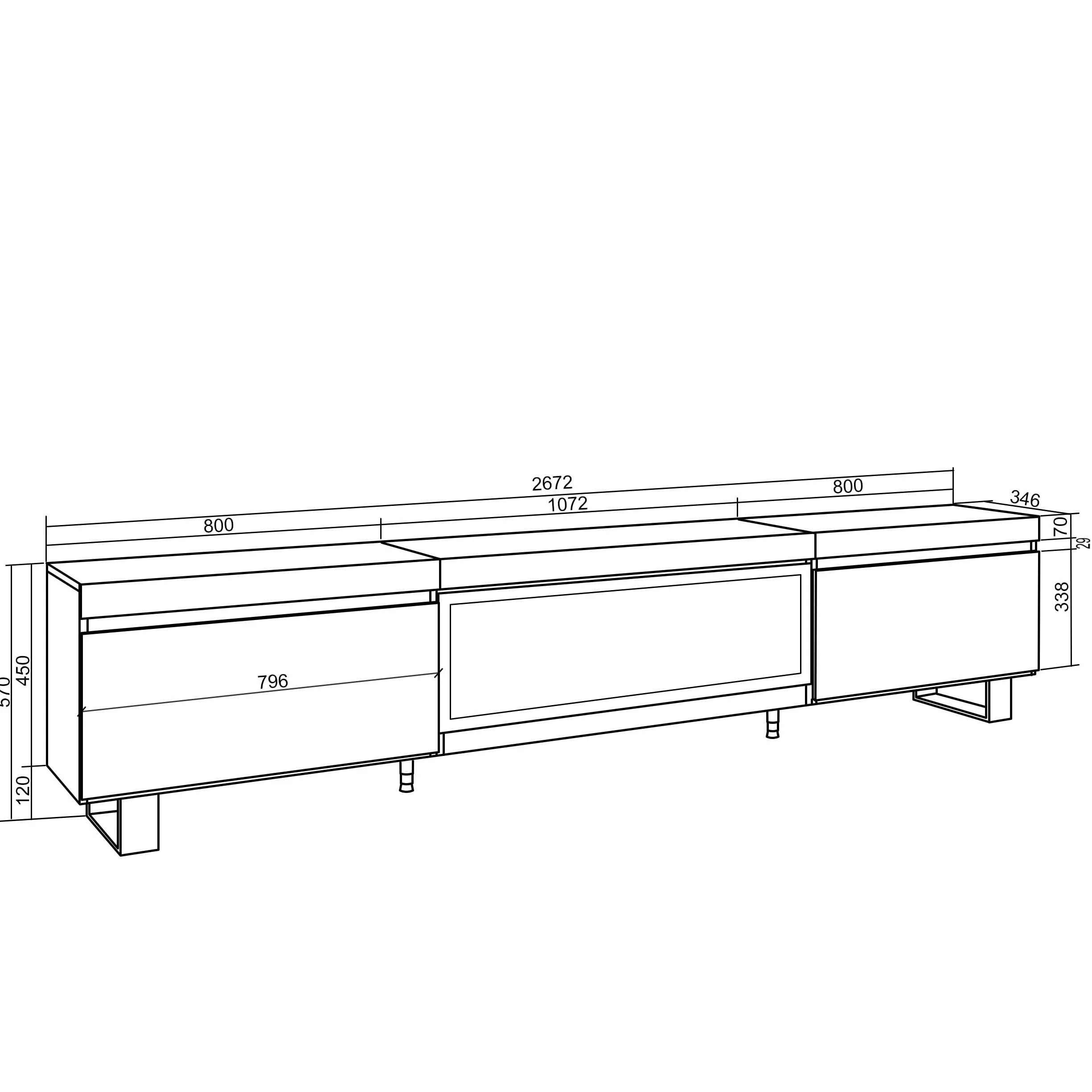 Skraut Home | Mueble TV | Televisión | Muebles de salón, almacenaje | 267x57x35 cm | para TV Gran Formato | Chimenea eléctrica XXL | Diseño Industrial | Estilo Moderno | Negro