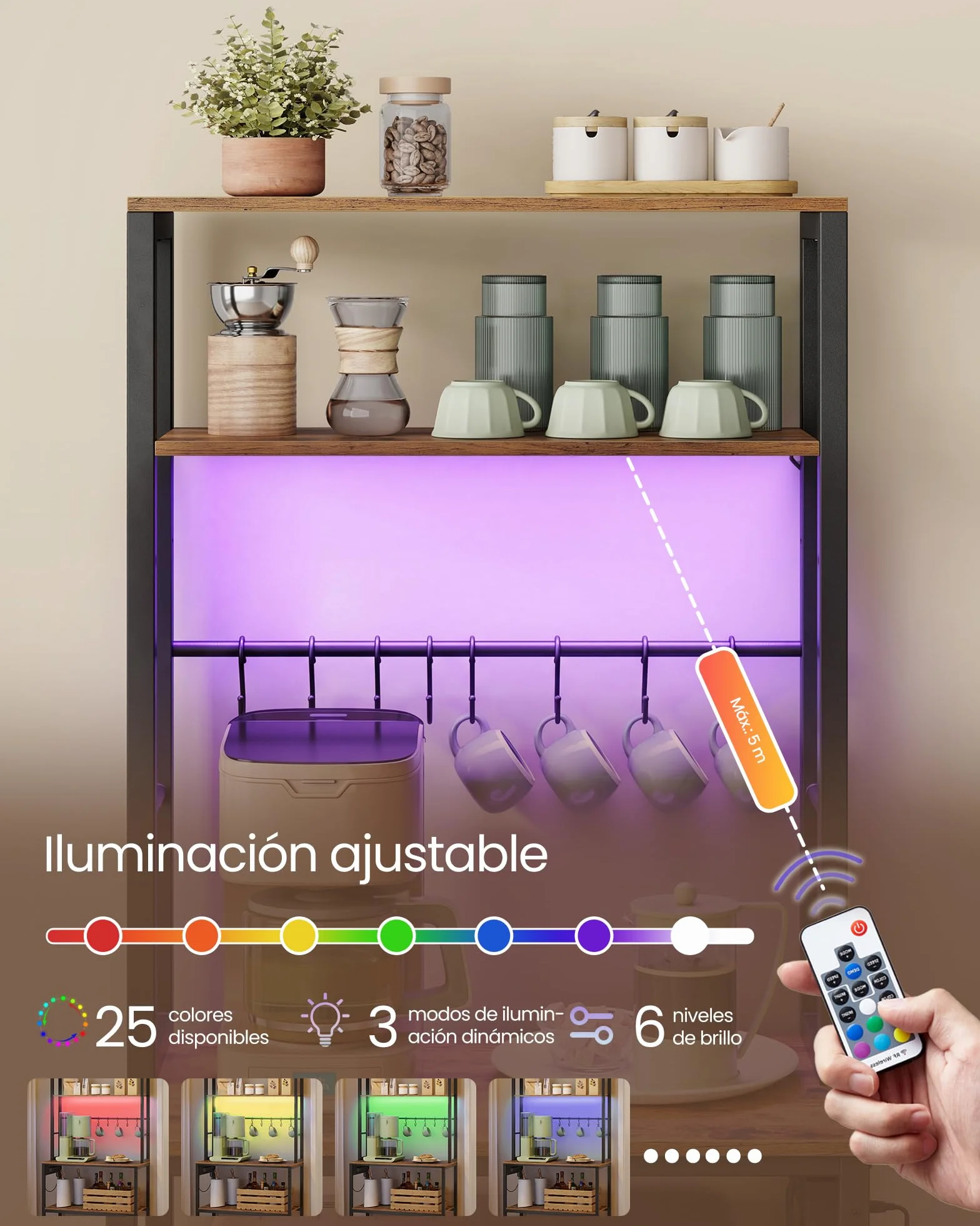 VASAGLE Estantería de Cocina con Iluminación LED, Estante para Microondas con Estantes Ajustables, 8 Ganchos, 40 x 60 x 168.4 cm, Marrón y Negro Mate