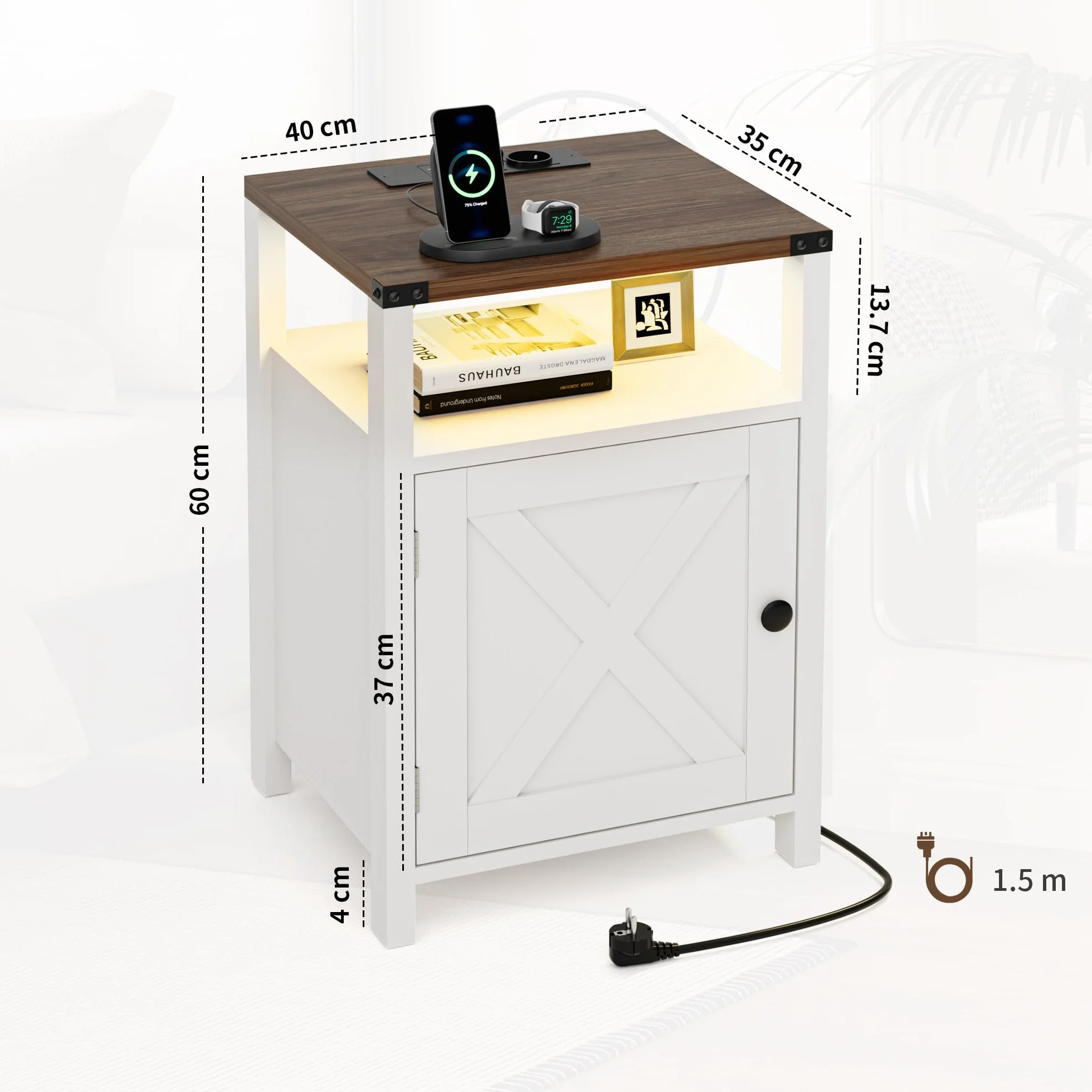 BonVache Juego de 2 Mesitas de Noche, con iluminación LED y enchufes, Color Ajustable, Puerta de Gran Capacidad y Compartimento Abierto, para Dormitorio, Salón