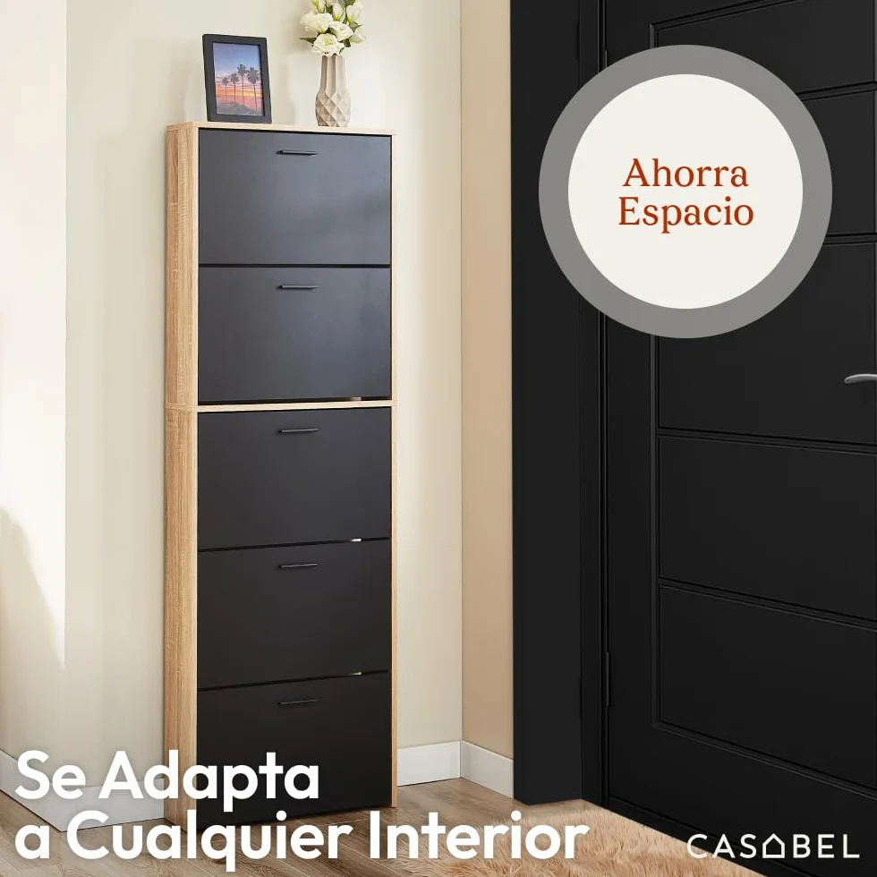 CASABEL Mueble Zapatero Moderno 5 abatibles, Almacenamiento para Zapatos 15 Pares, Negro y Madera, Mueble de Madera, Dimensiones L60xP17xH180 cm, Gran Capacidad, fácil de Instalar