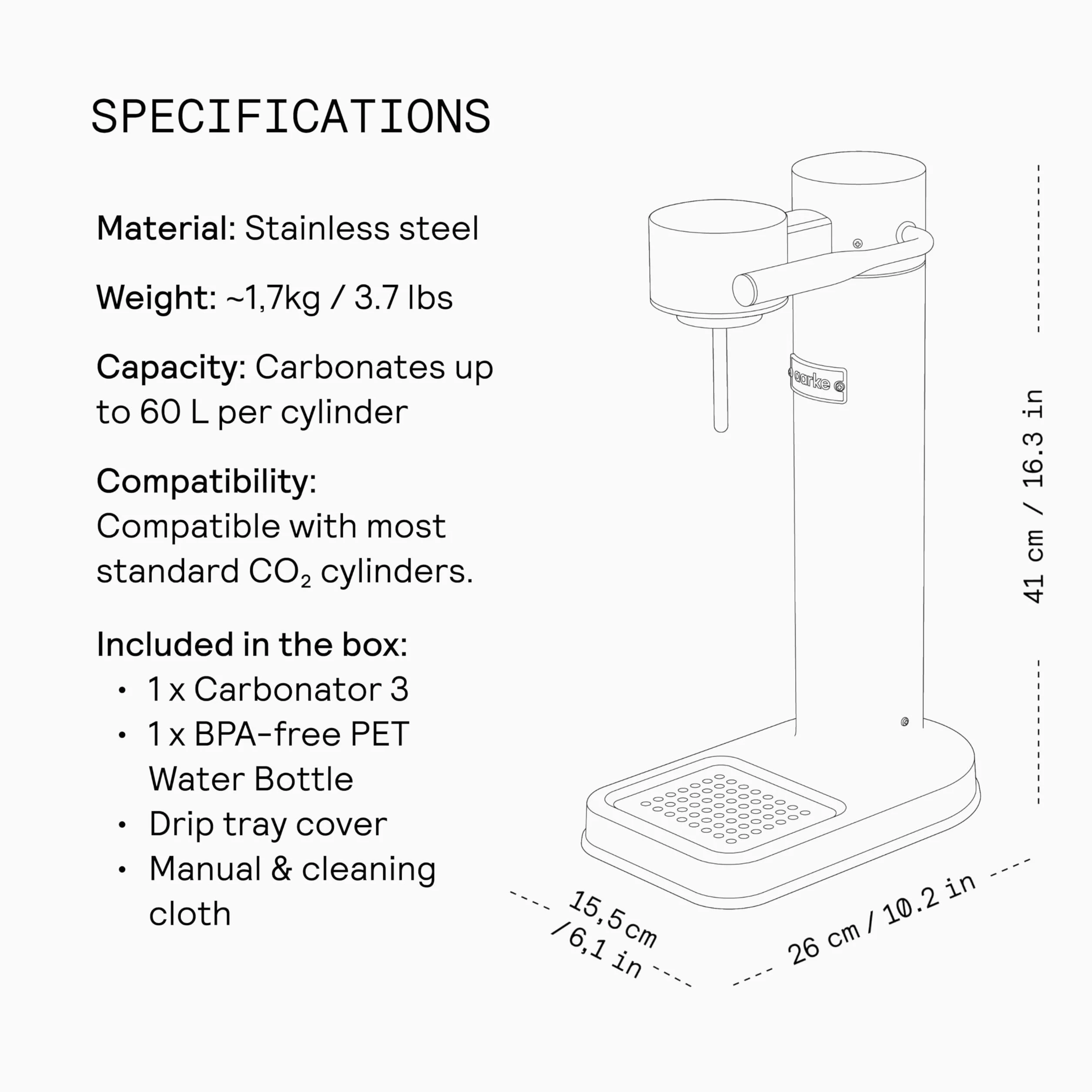 Aarke Carbonator 3 fabricante de agua con gas acero inoxidable acabado arena 60 litros CO2