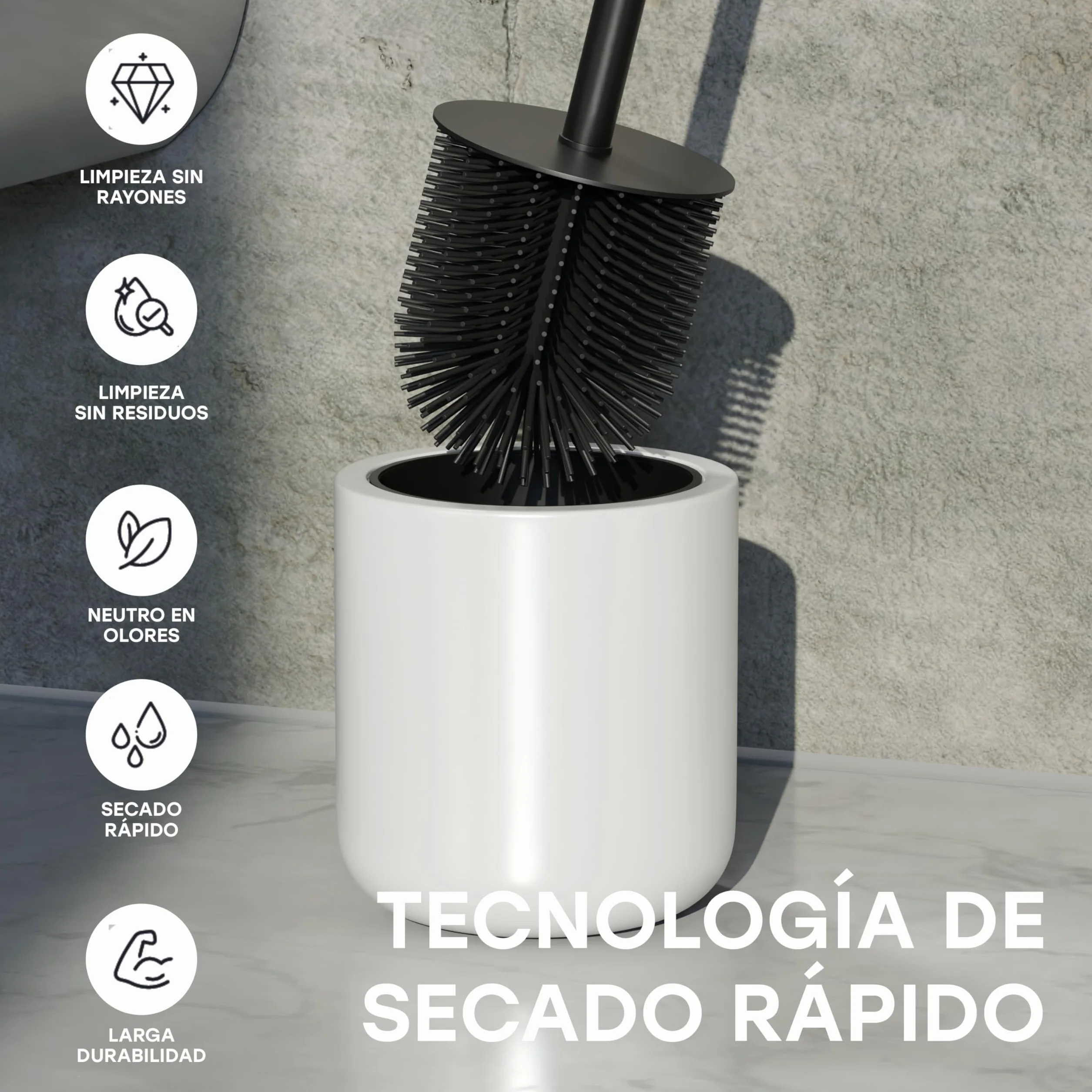 SAVEGA Escobilla Baño Silicona – Escobillero Baño Acero Inoxidable, Antibacteriano Limpieza Eficiente (Blanco)