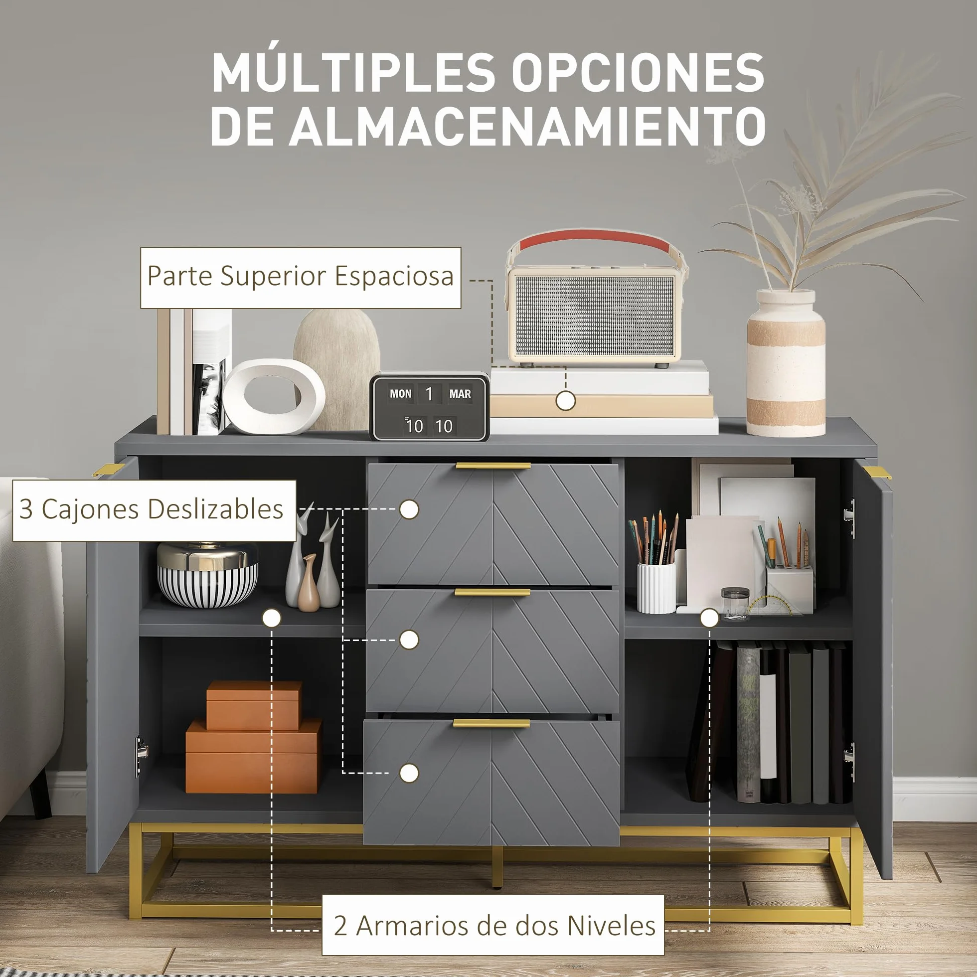 HOMCOM Aparador Moderno Aparador para Salón con 3 Cajones 2 Puertas y Estante Ajustable Mueble Auxiliar para Salón Cocina Antivuelco 120x40x76 cm Gris