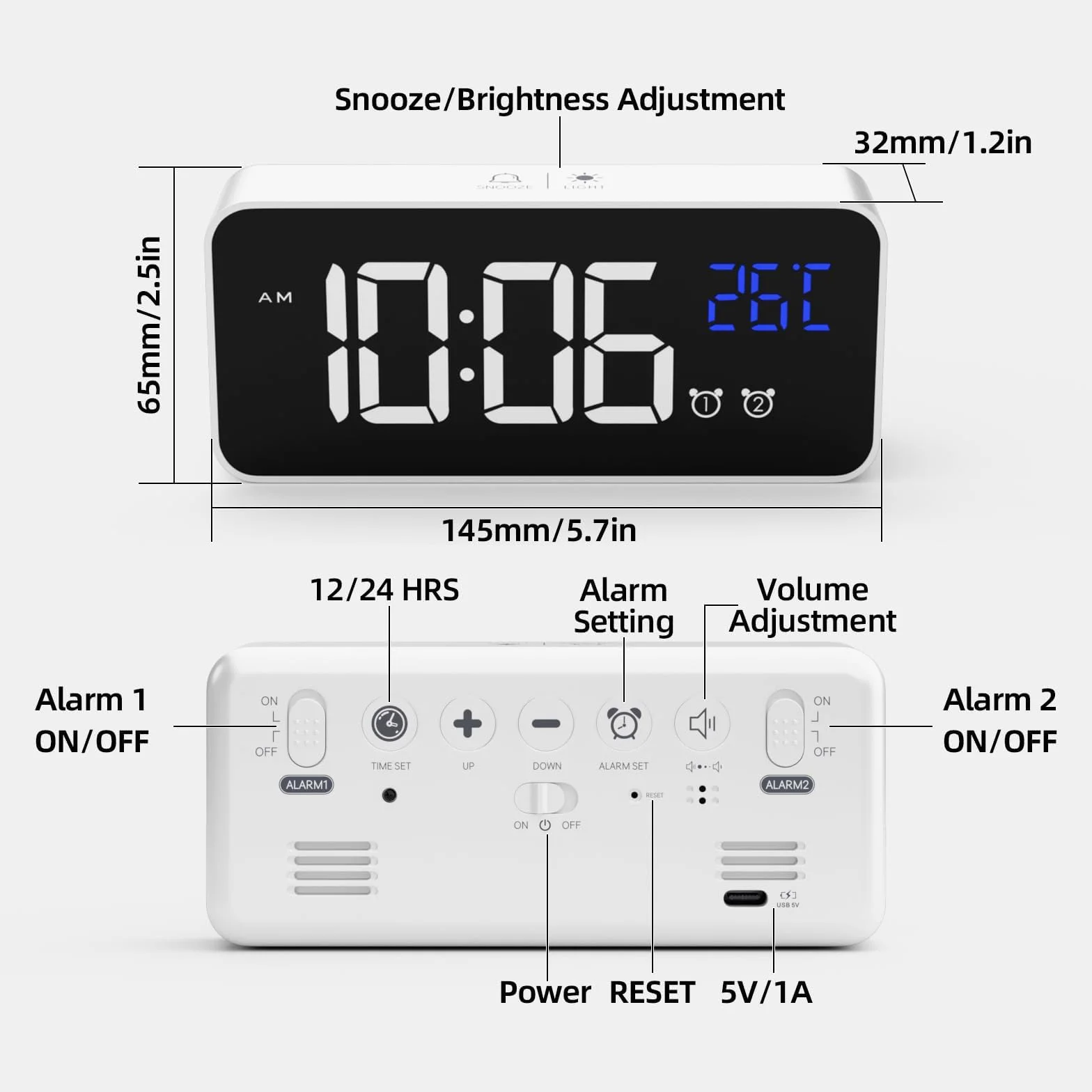 LATEC Reloj Despertador Digital LED con Espejo, Doble Alarma, Temperatura, USB, 10 Melodías, Brillo Ajustable, 12/24H Blanco